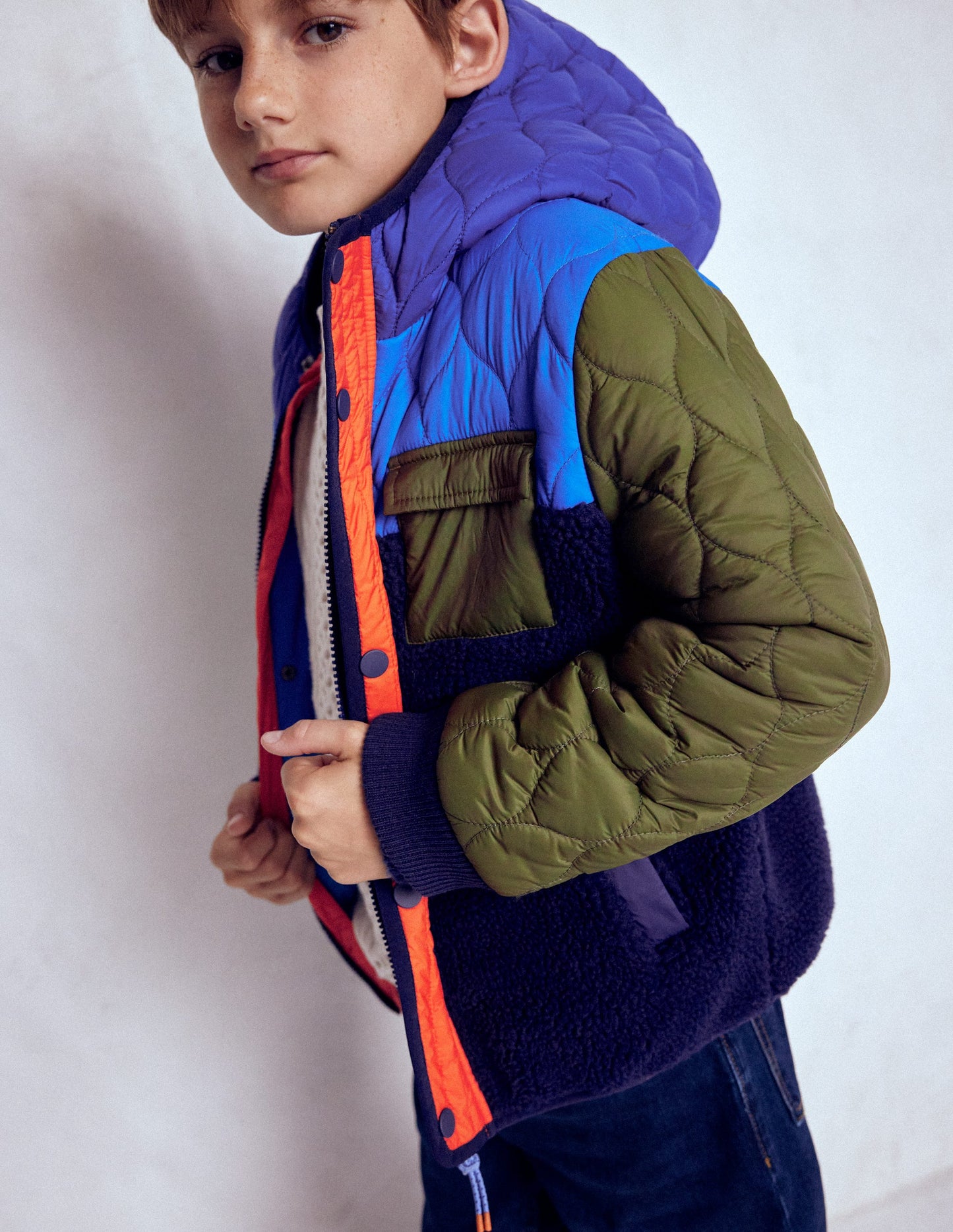 Steppjacke mit Teddyfell-Klassisches Khaki Blockfarben