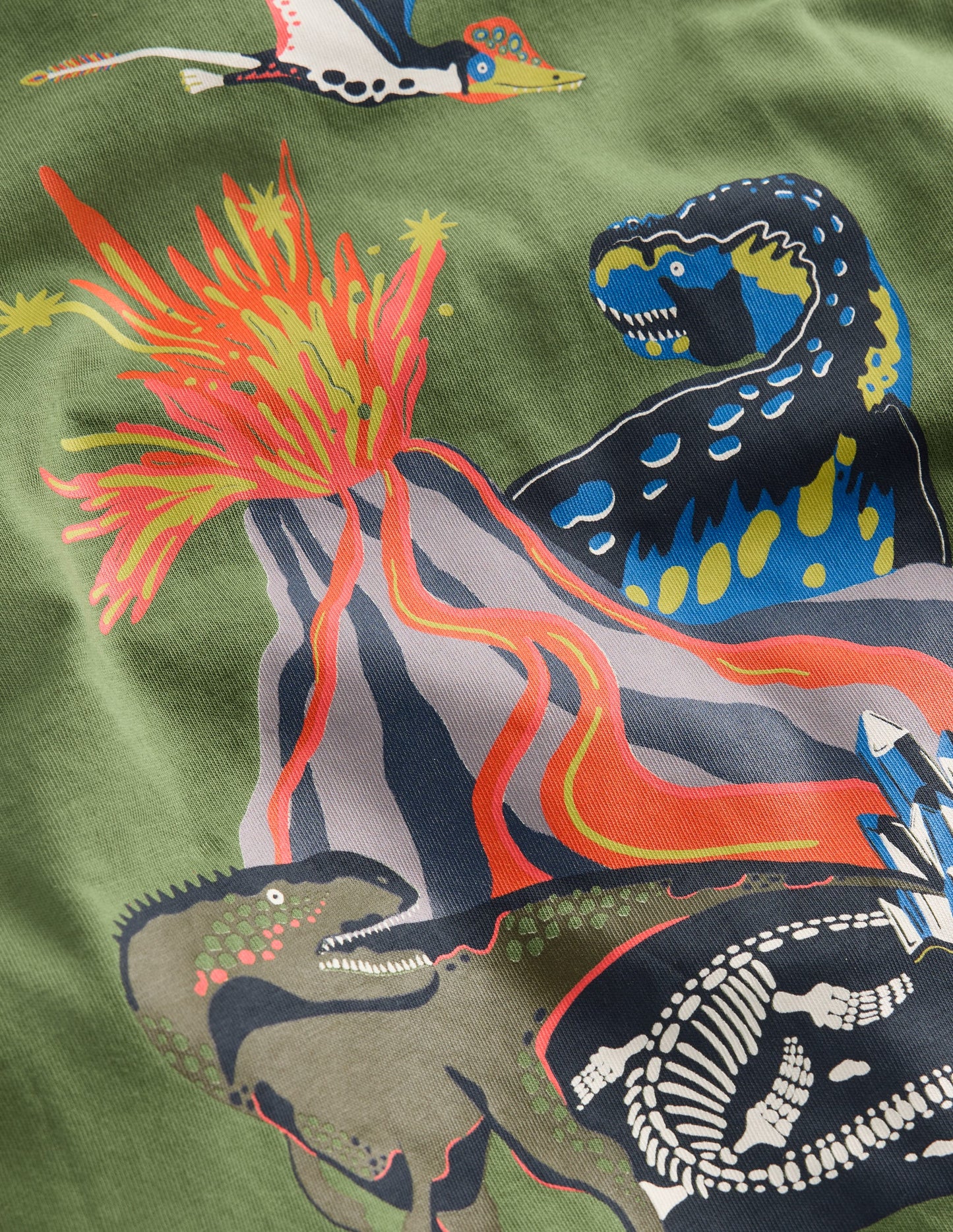 T-Shirt mit Druck auf Vorder- und Rückseite-Grün Vulkan Dino