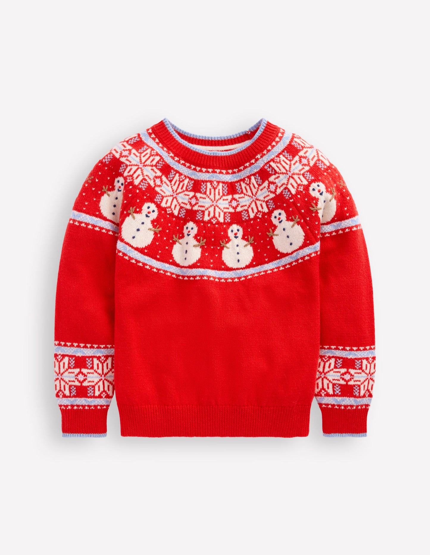 Fair-Isle-Pullover-Mohnblumenrot Schneemänner