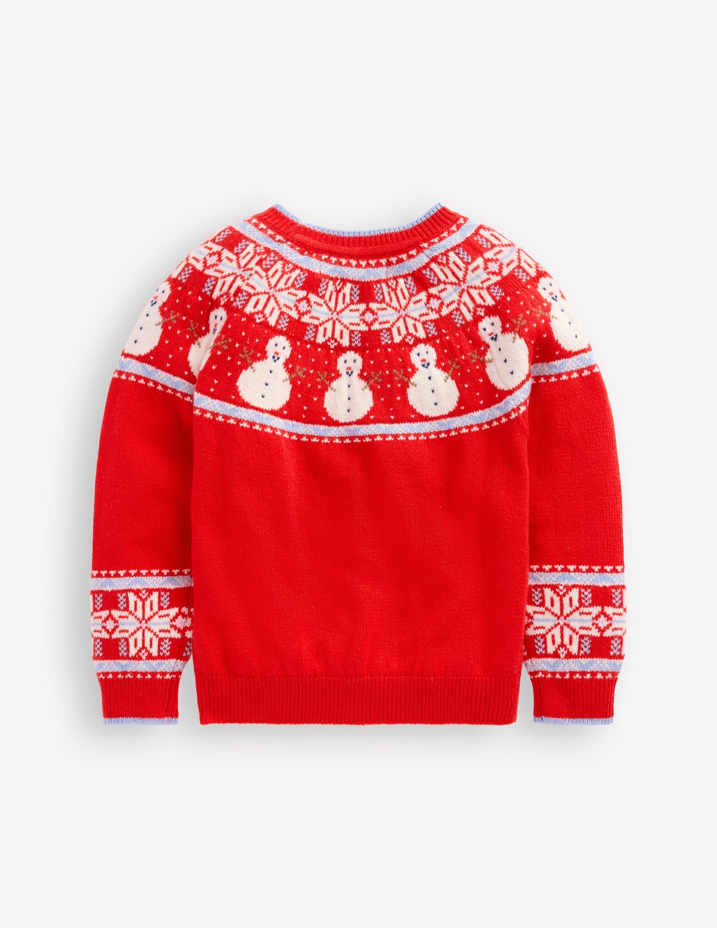 Fair-Isle-Pullover-Mohnblumenrot Schneemänner
