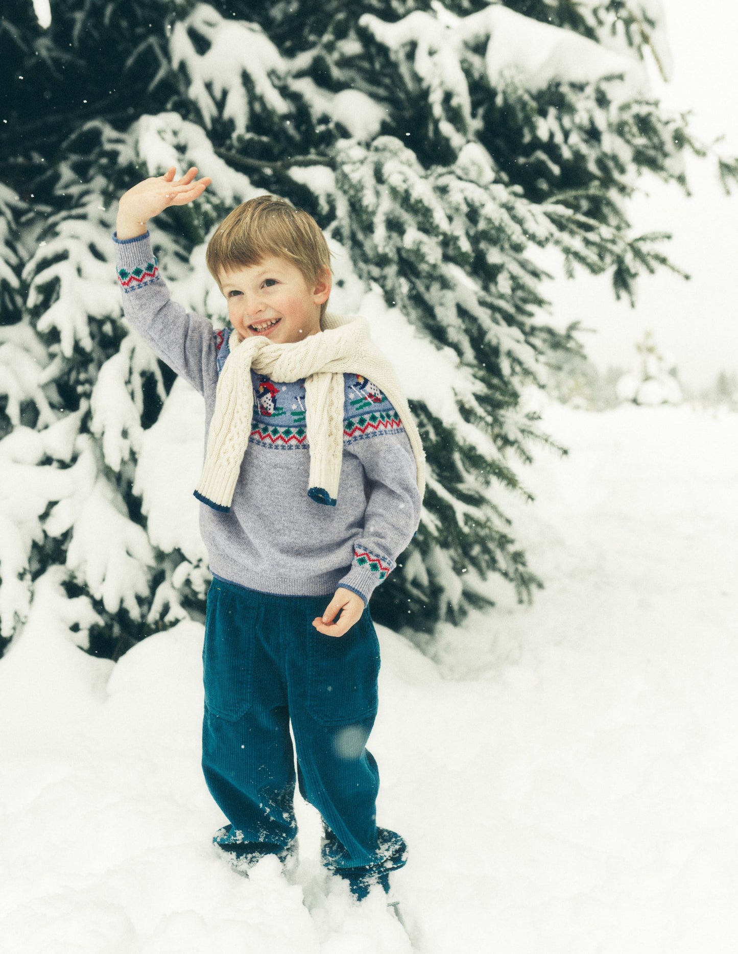 Pull motif jacquard-Pingouins à ski gris chiné