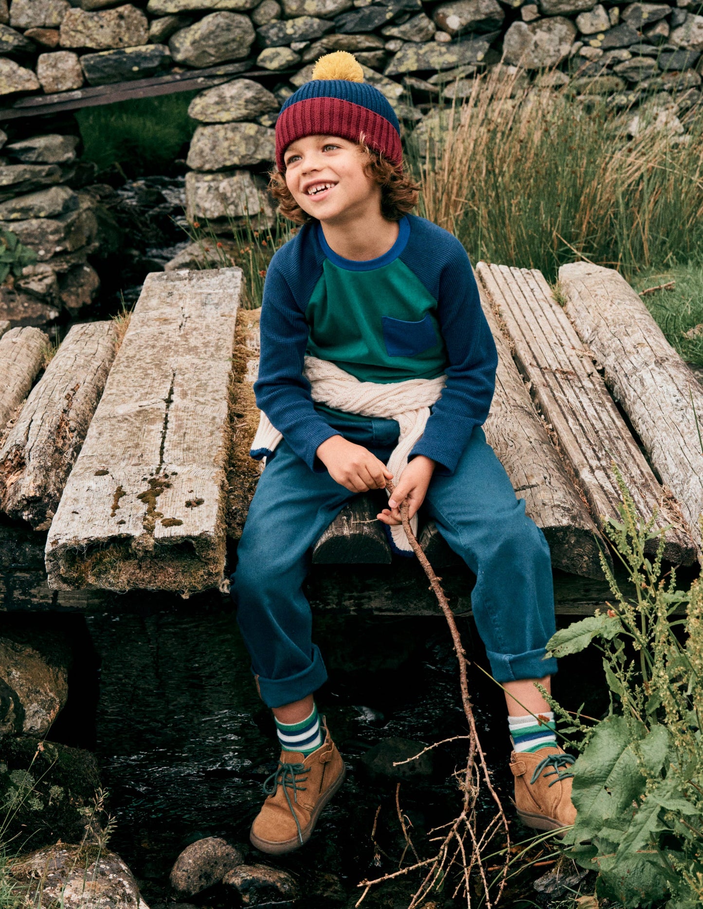 Raglan-Oberteil aus Waffel-Mix-Alpingrün Blockfarben