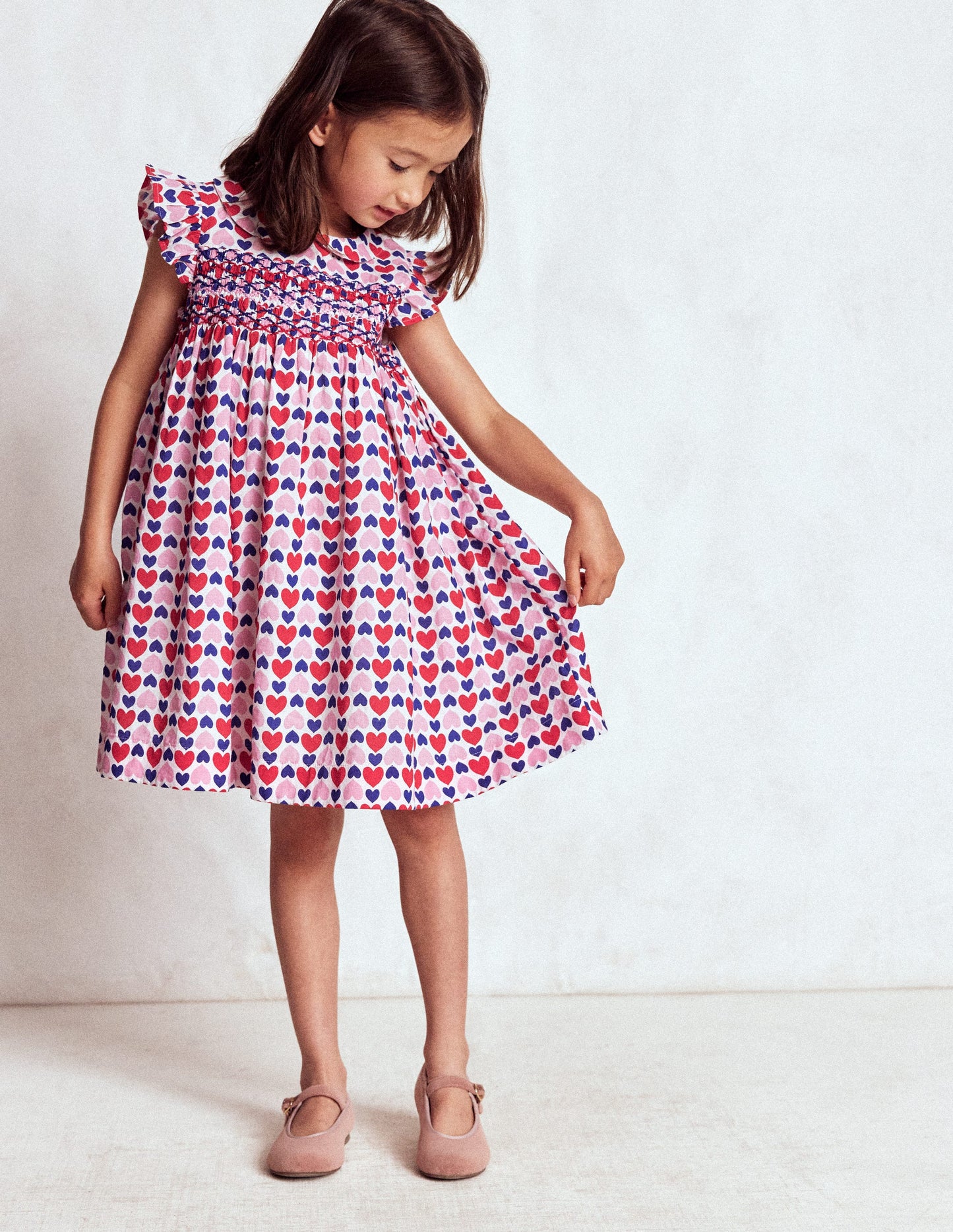 Adeline Gesmoktes Kleid-Mohnblumenrot Geometrisches Herzmuster