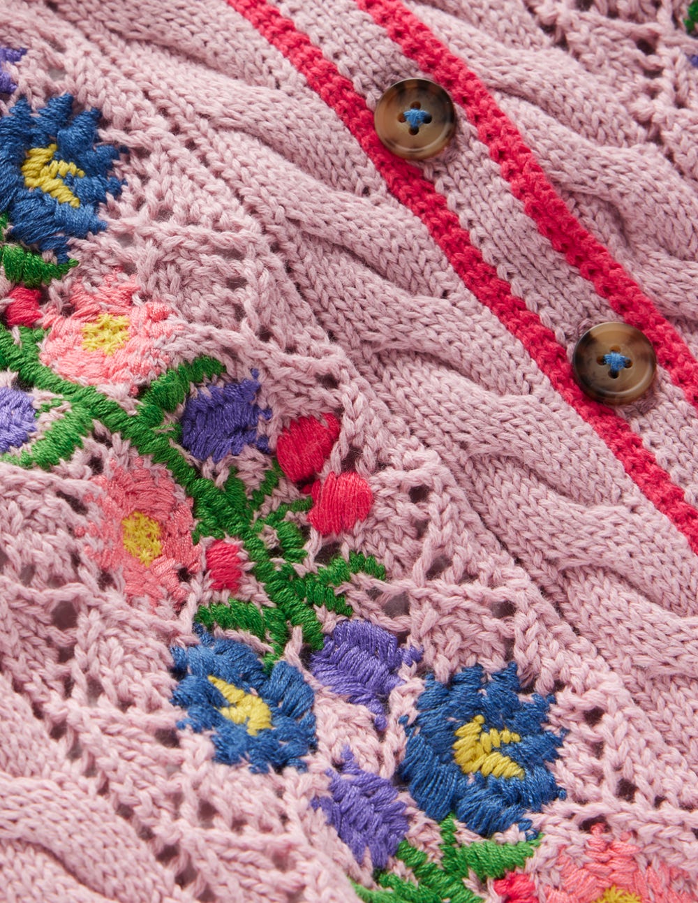 Bestickte Baumwoll-Strickjacke-Vintage-Rosa