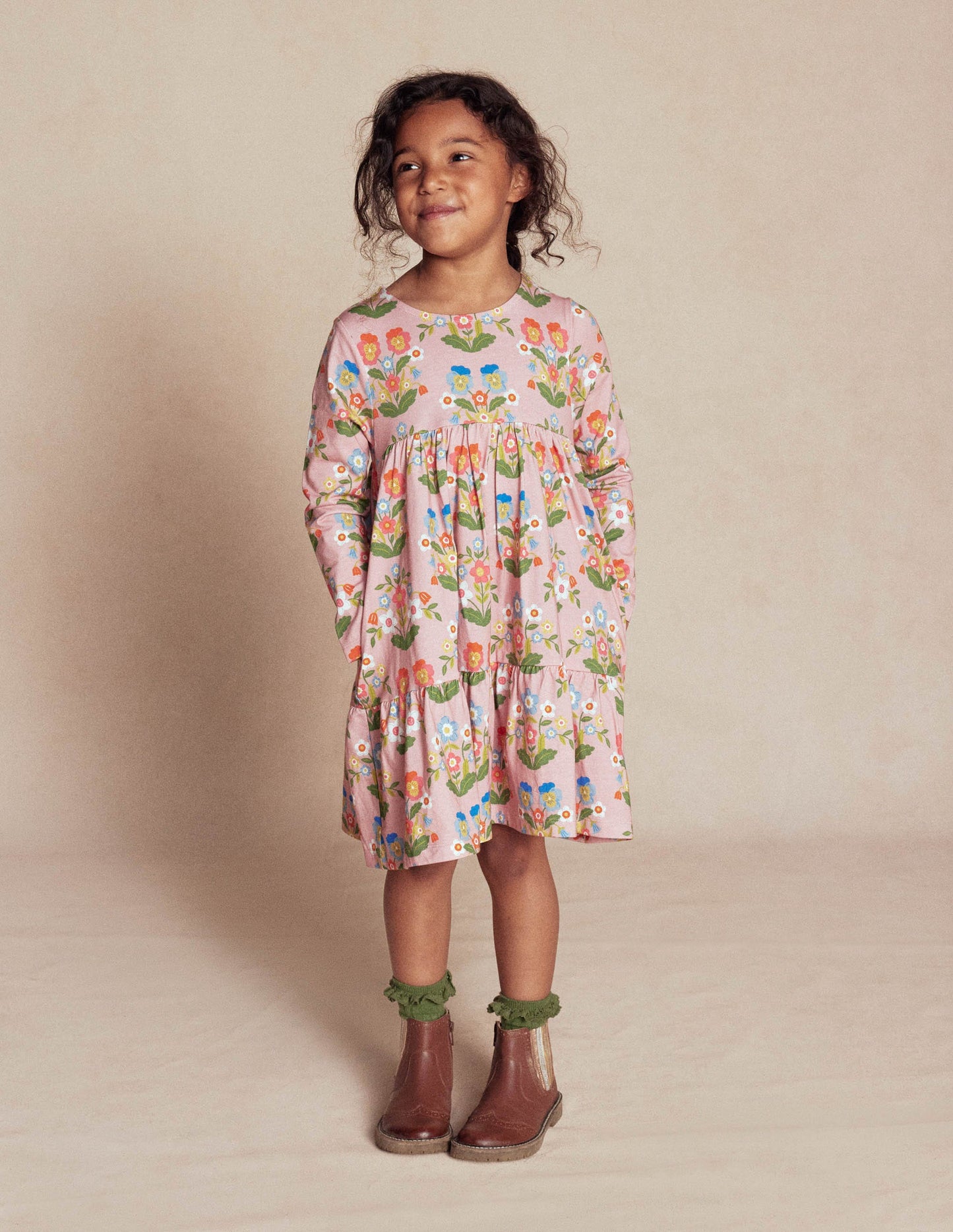 Ariel Langärmliges, schwingendes Kleid-Vintage-Rosa Stiefmütterchen