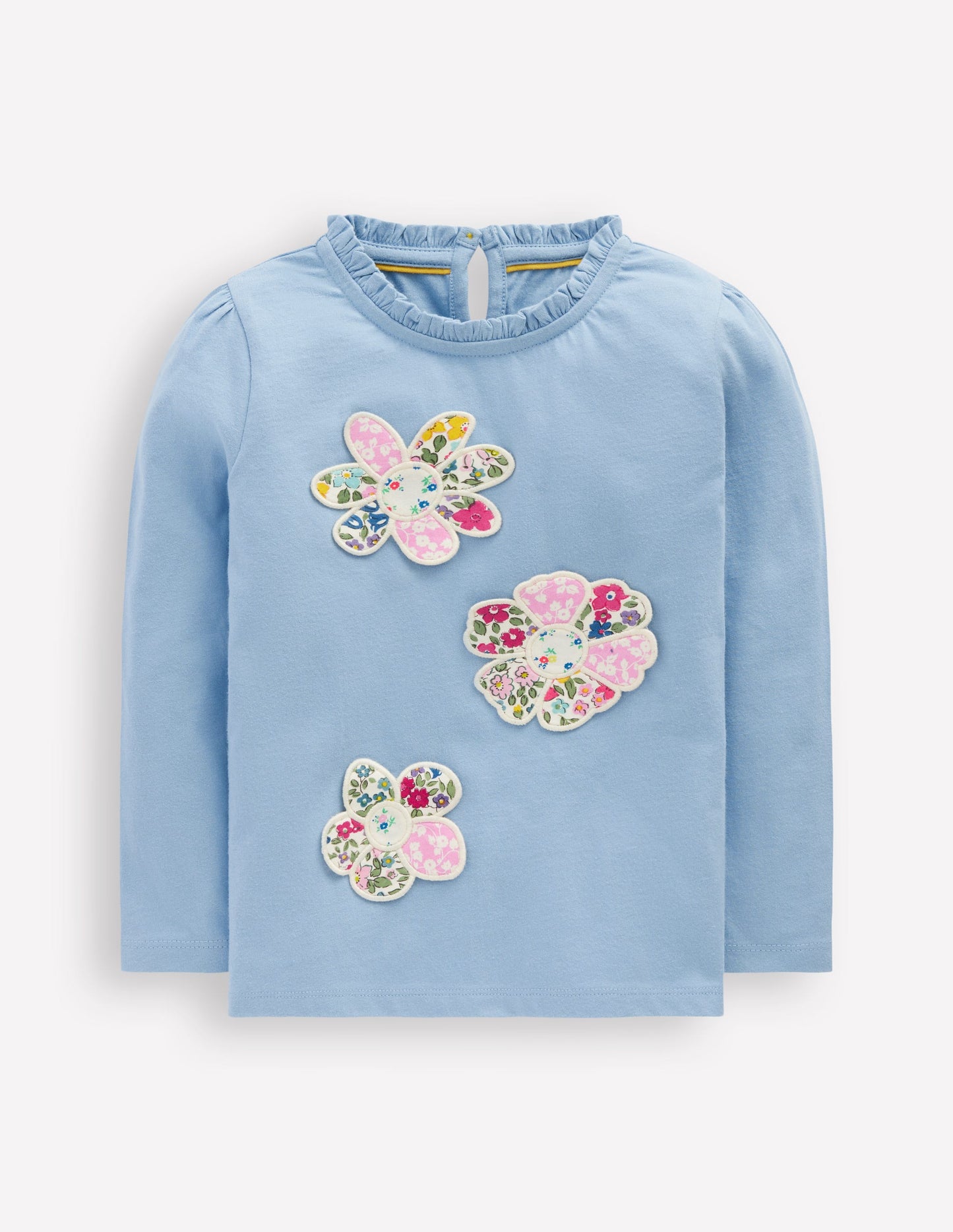 Oberteil mit Rüschenausschnitt und Applikationen-Gletscherblau Blumen