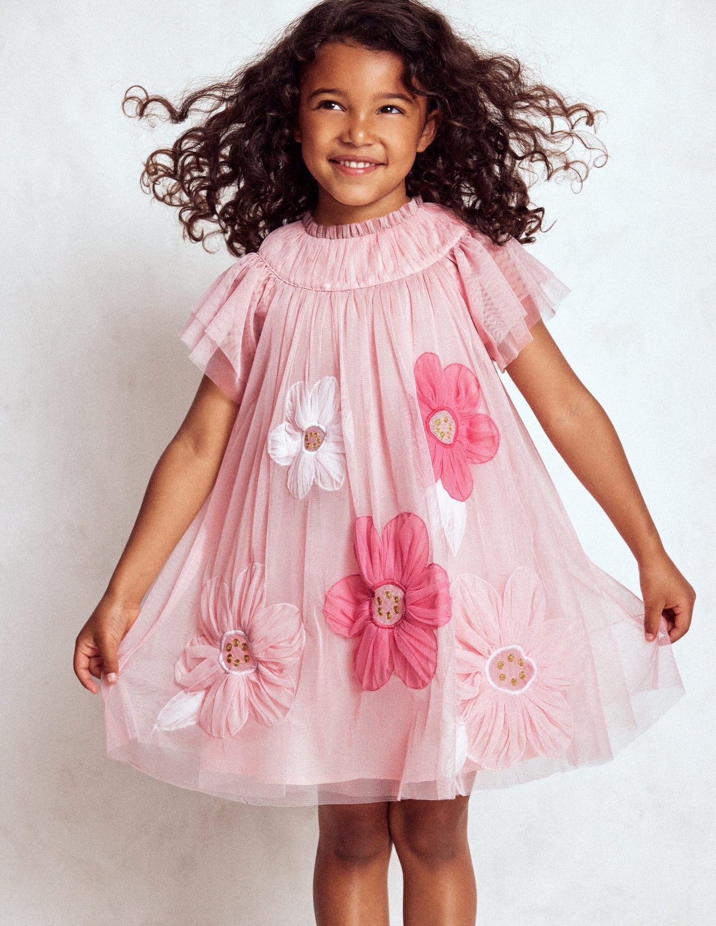 Tüllkleid mit Applikationen-Kreiderosa Blume