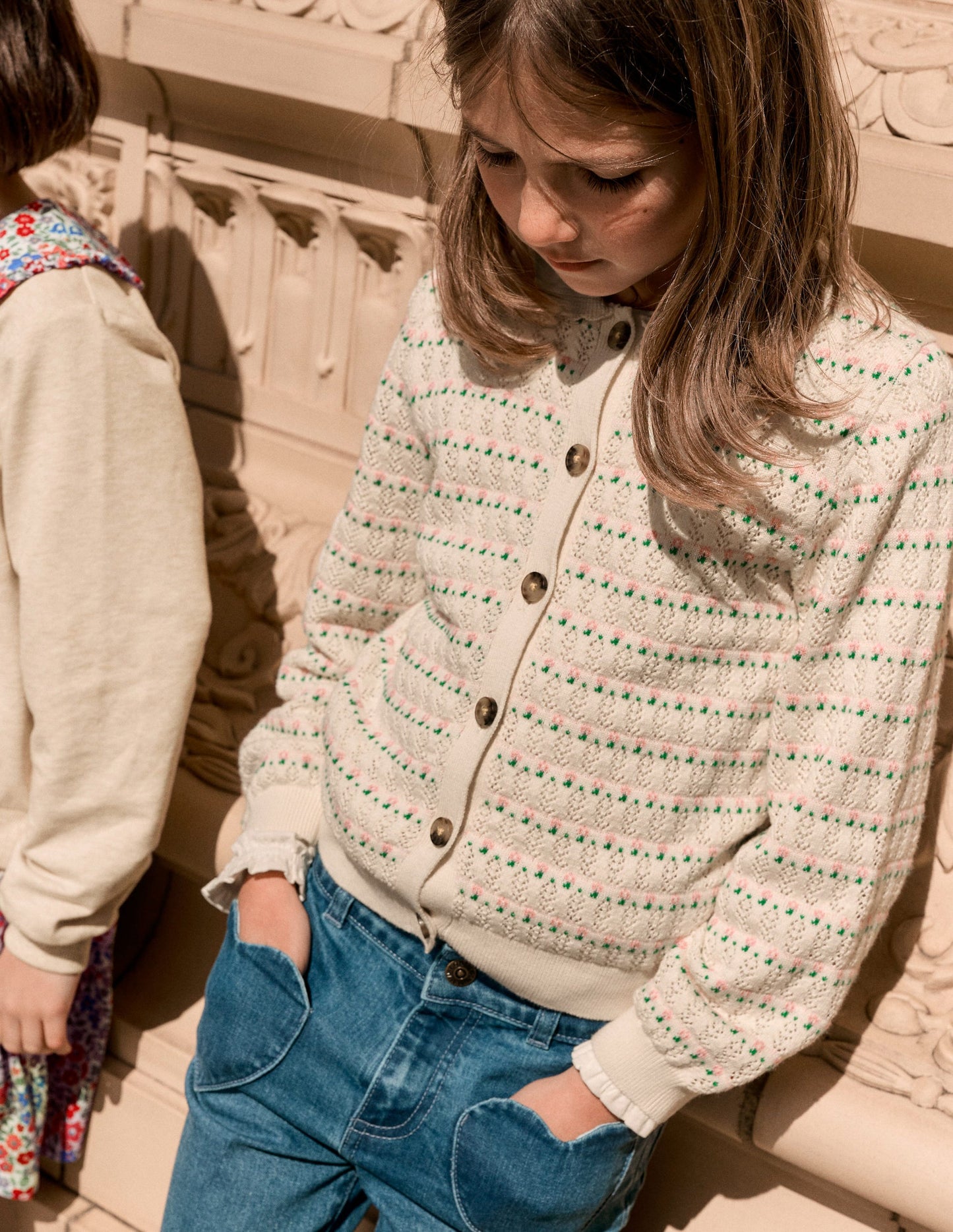 Strickjacke mit Pointelle-Kragen-Warmes Naturweiß