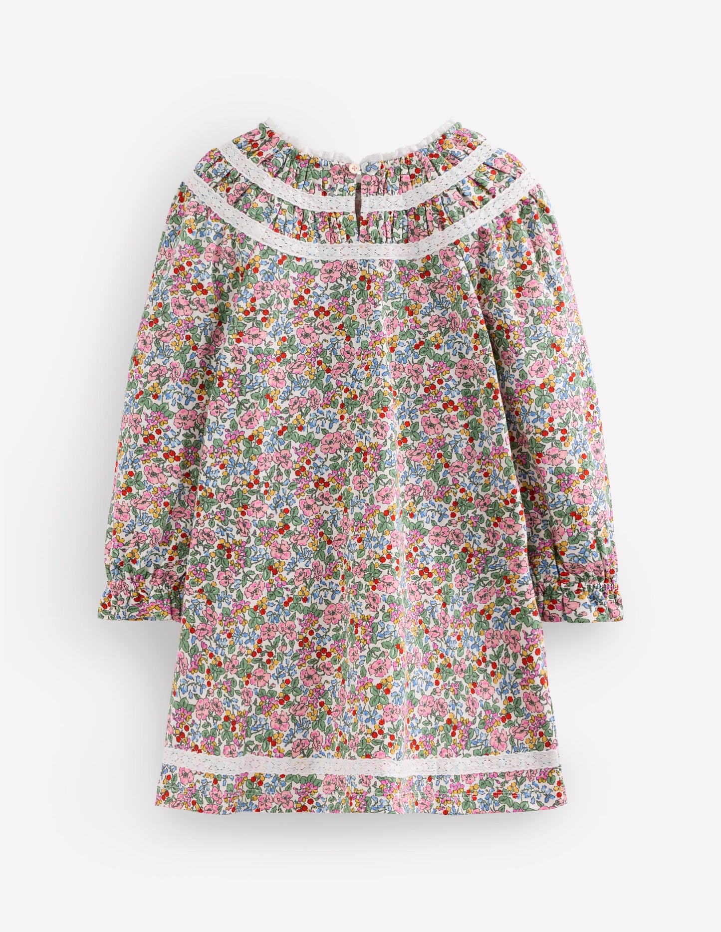 Hübsches Jerseykleid mit Spitzenbesatz-Weiches Naturweiß Beere Blumenmuster