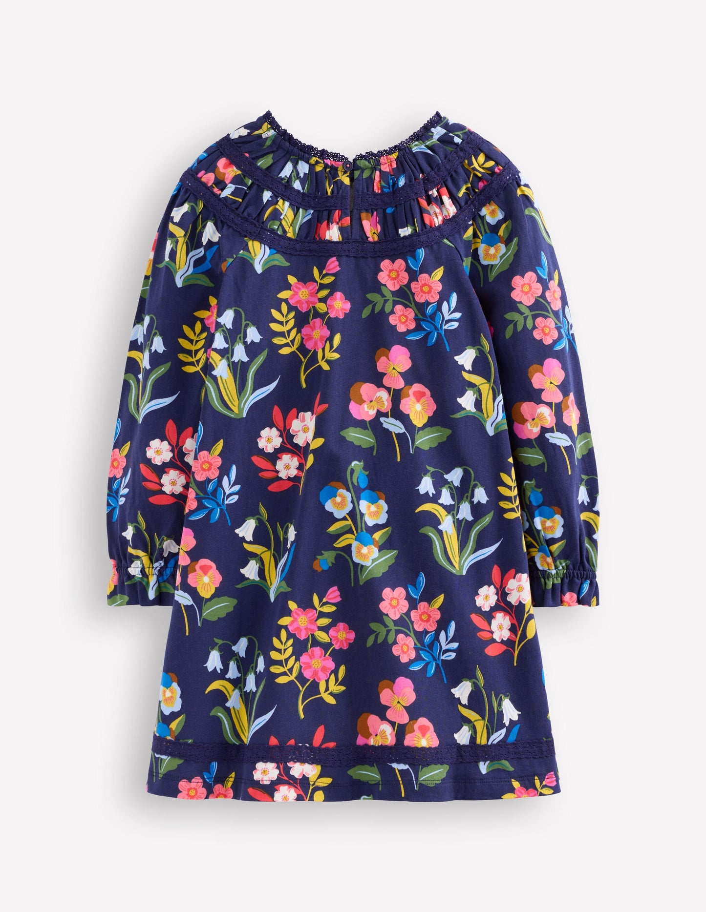 Hübsches Jerseykleid mit Spitzenbesatz-Schuluniform-Marineblau Stiefmütterchen-Beet
