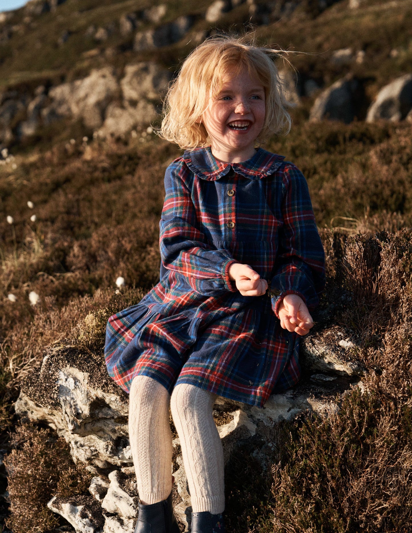 Robe tissée à col Minna-Carreaux bleu marine foncé