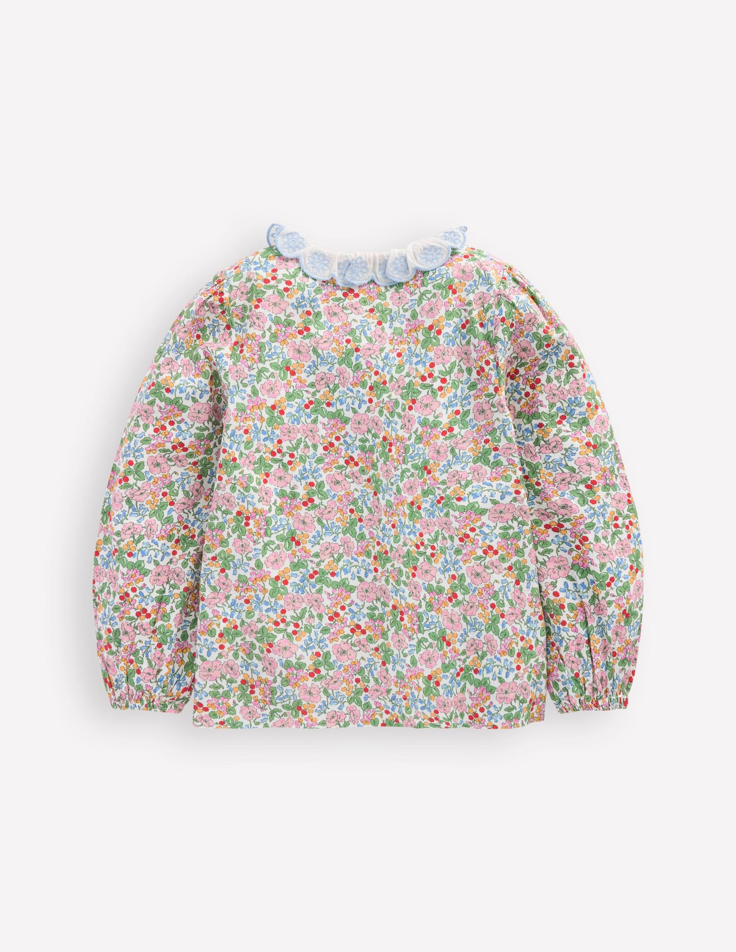 Gesmoktes Hemd mit Muschelsaum am Kragen-Weiches Naturweiß Beere Blumenmuster