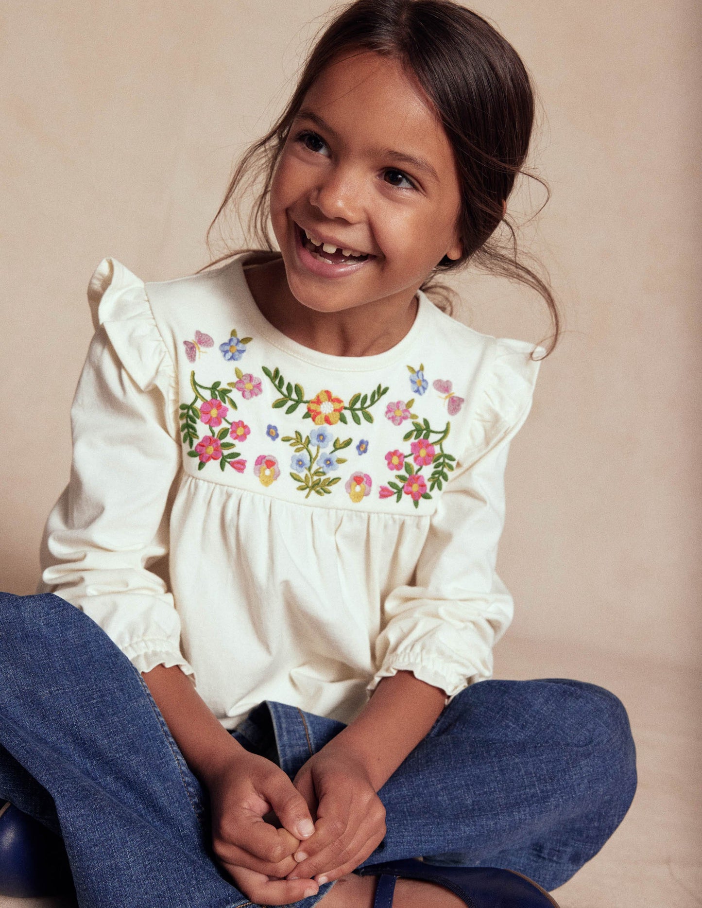 Jerseyoberteil mit bestickter Passe-Sanftes Naturweiß Stickerei