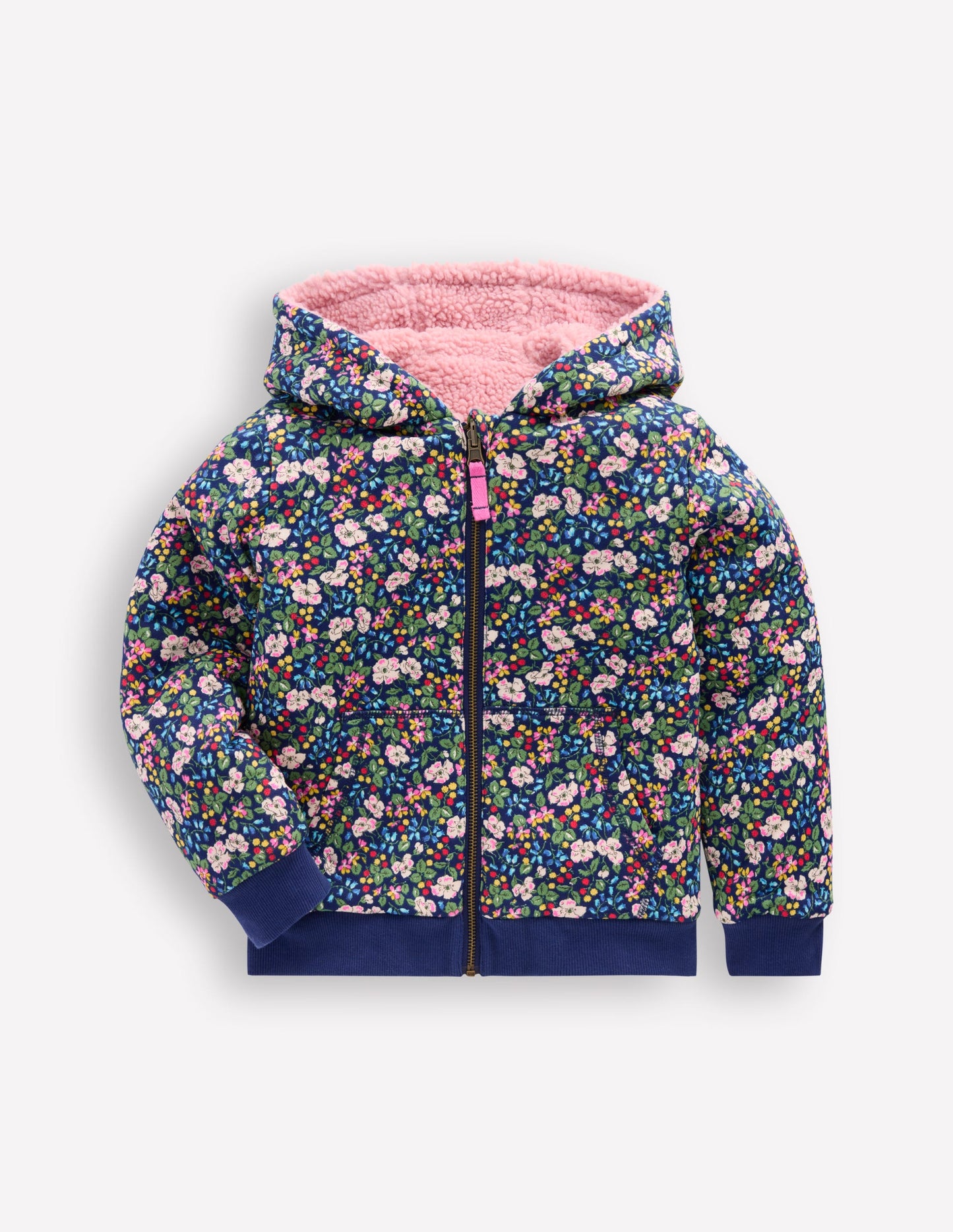 Wendbarer Teddy-Kapuzenpullover-Steuerbordblau Beeren Blumenmuster
