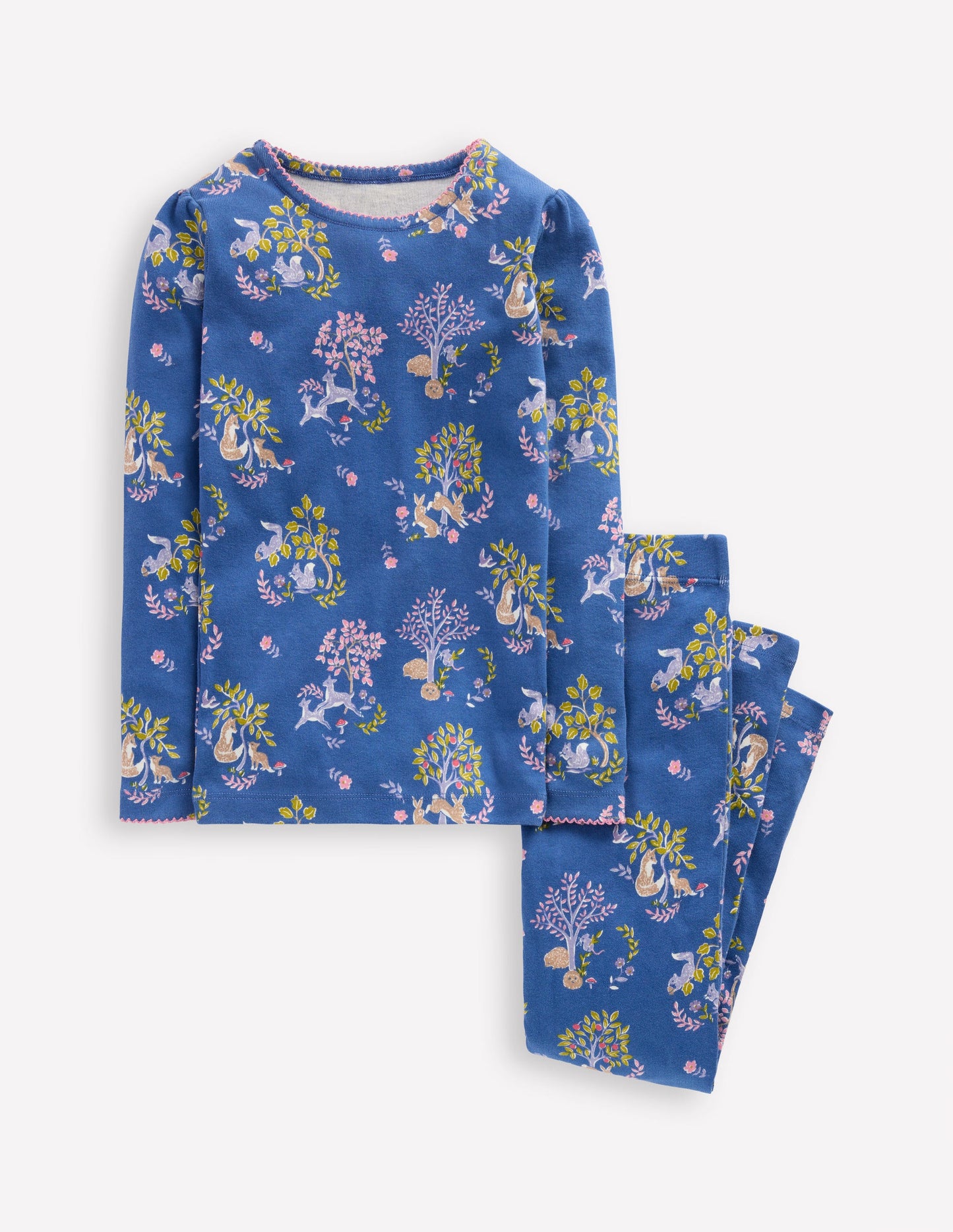 Eng anliegender, langer Schlafanzug-Blau Walddesign