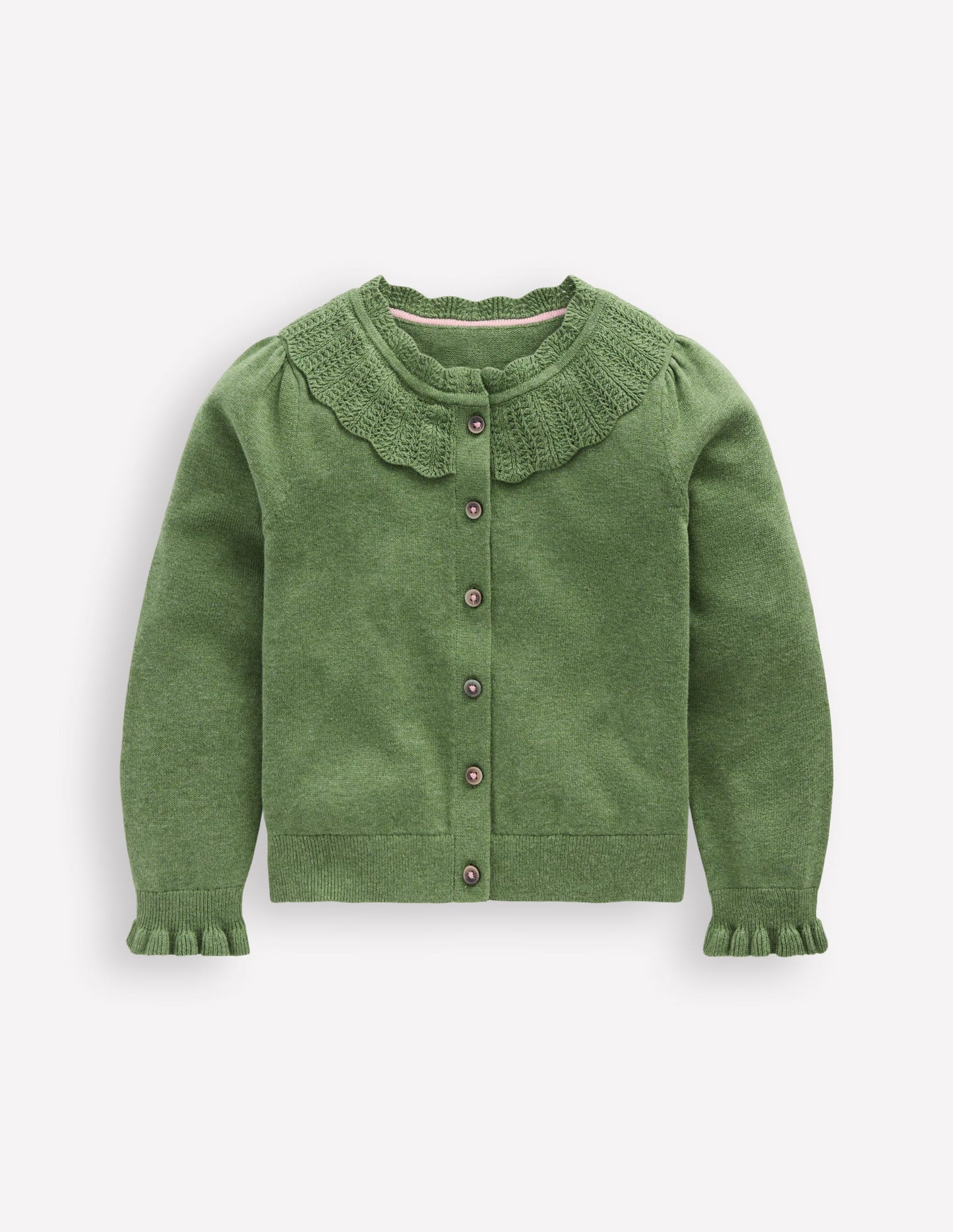 Hübsche Strickjacke mit Rüschen-Safarigrün Meliert