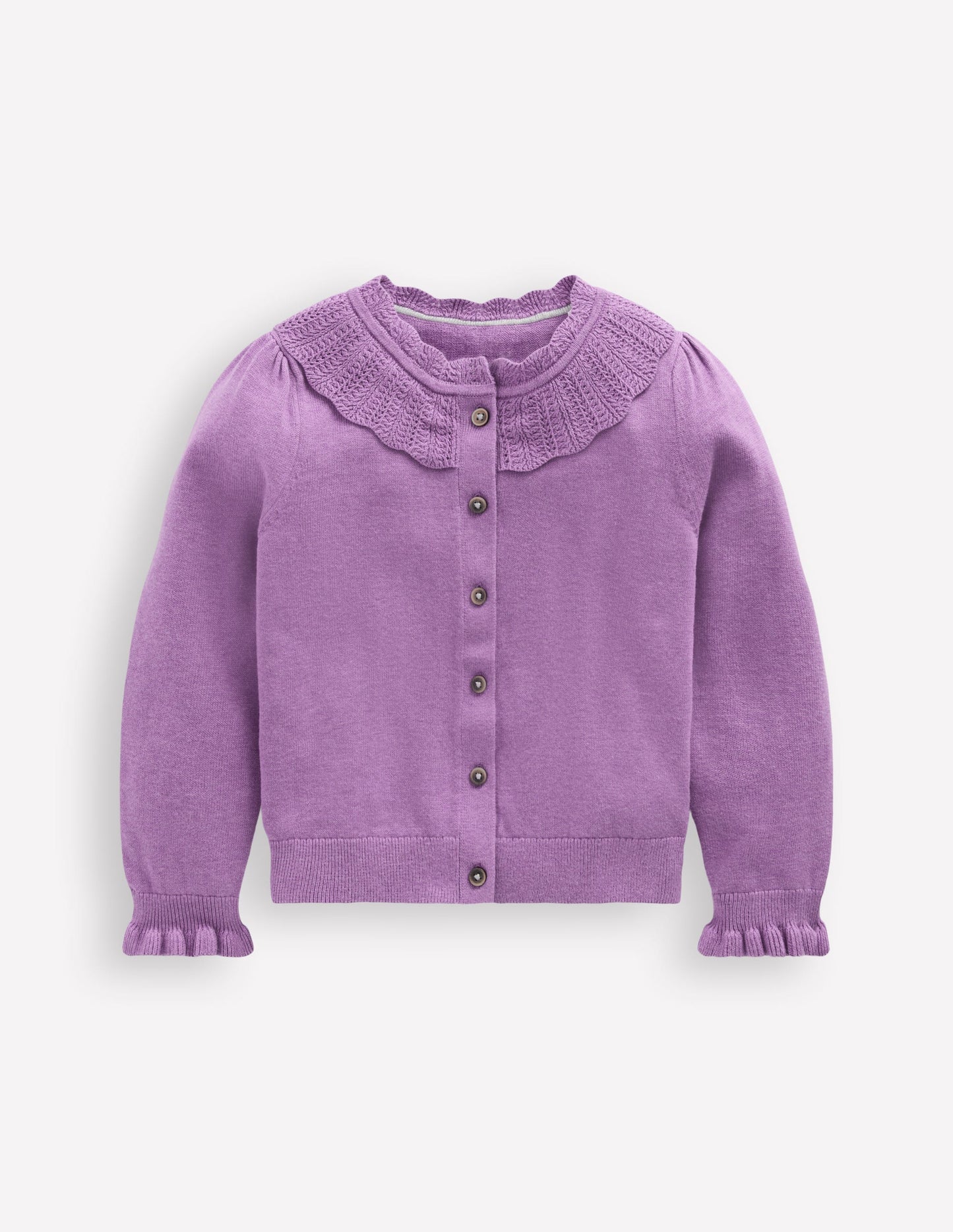 Hübsche Strickjacke mit Rüschen-Asternlila Meliert