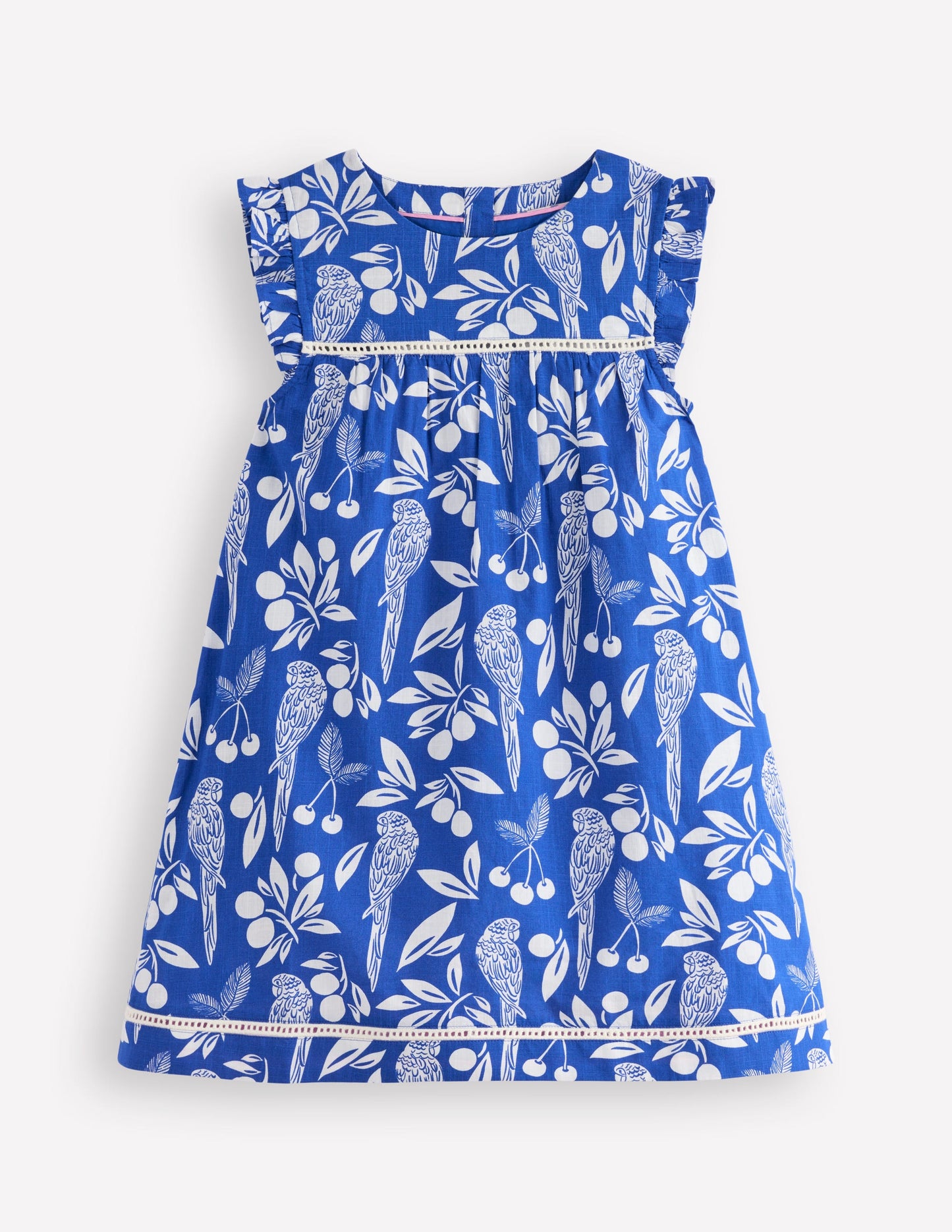 Celia Gewebtes Urlaubskleid-Leuchtendes Blau Papagei Palme
