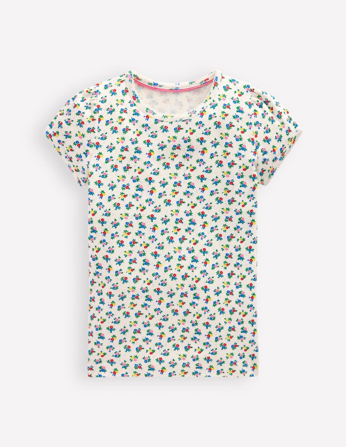 Top en pointelle à manches courtes-Motif petites fleurs ivoire doux