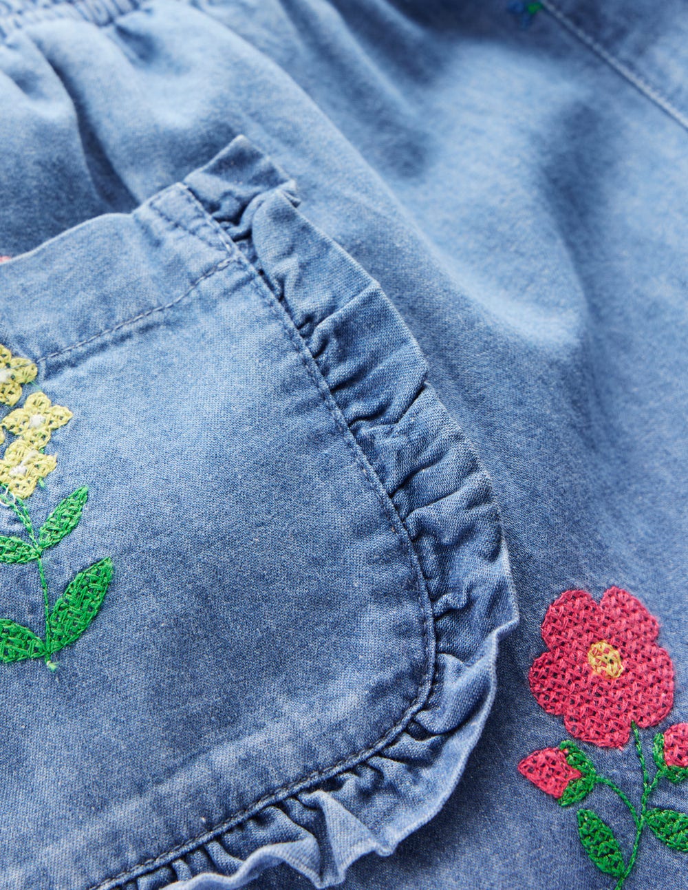 Nostalgische Rüschenhose-Chambray Kreuzstich Blumen