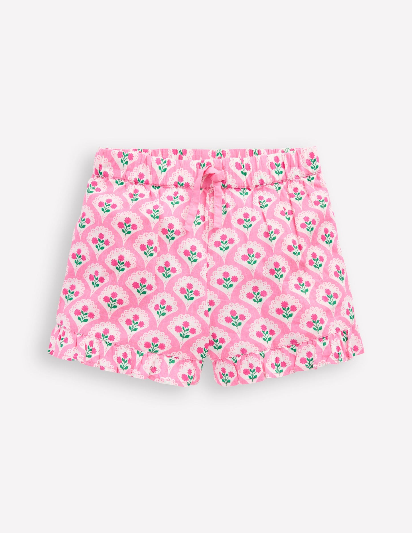 Juniper Gewebte Shorts mit Rüschen-Rosa Rose Holzblock Blumenmuster