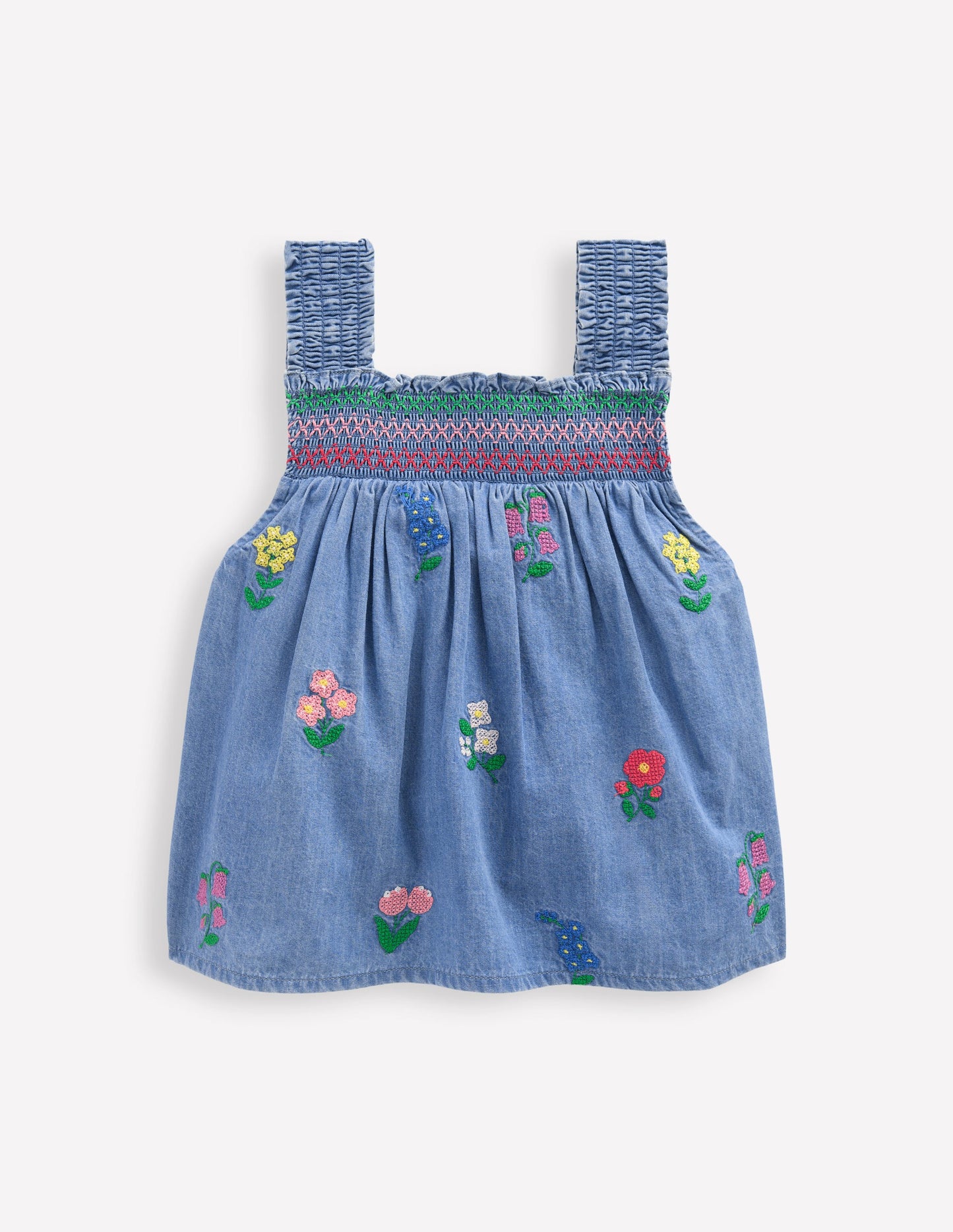 Gesmoktes Web-Oberteil-Chambray Kreuzstich Blumen
