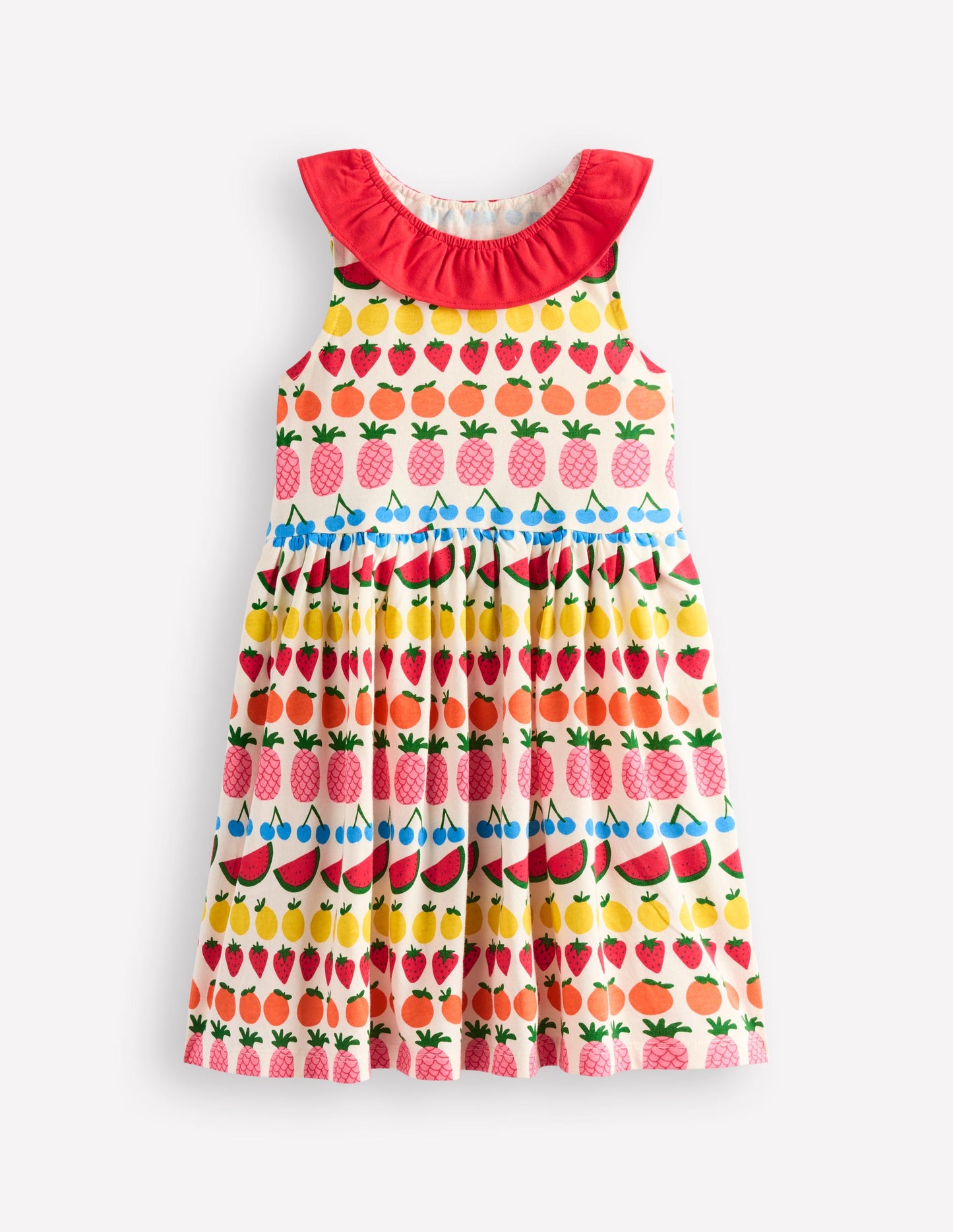 Jerseykleid mit gerüschtem Ausschnitt-Naturweiß Frucht Streifen