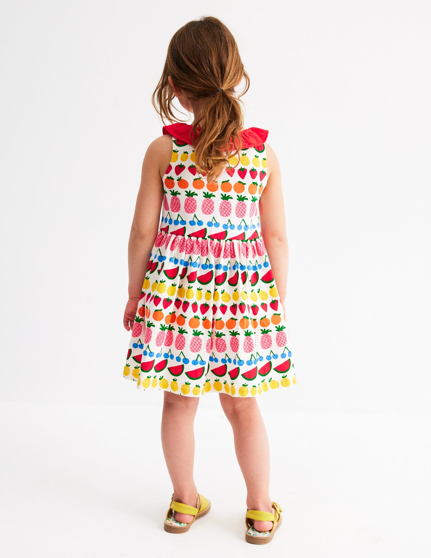 Jerseykleid mit gerüschtem Ausschnitt-Naturweiß Frucht Streifen