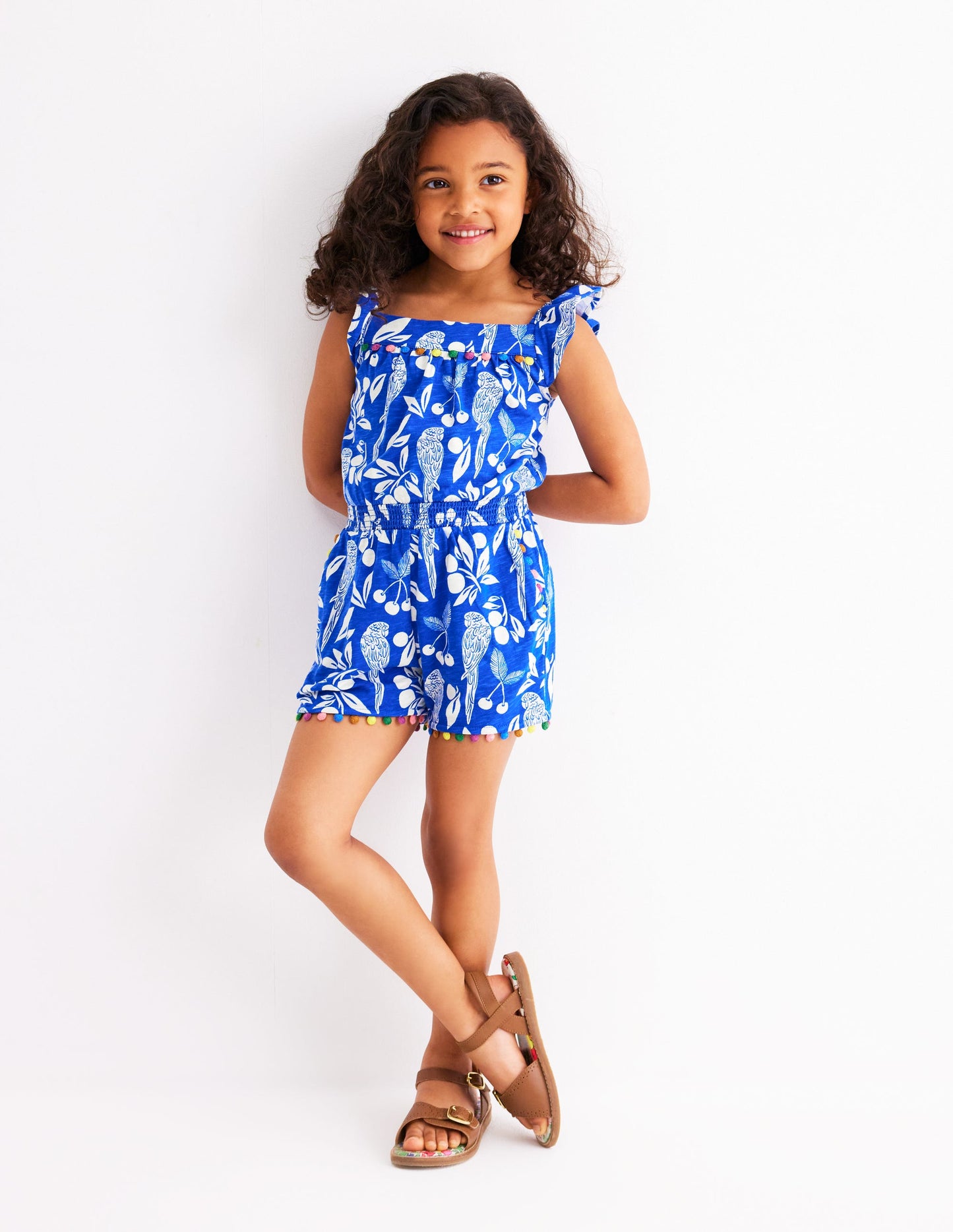 Ciara Jersey-Spielanzug mit Bommelbesatz-Leuchtendes Blau Papagei Palme