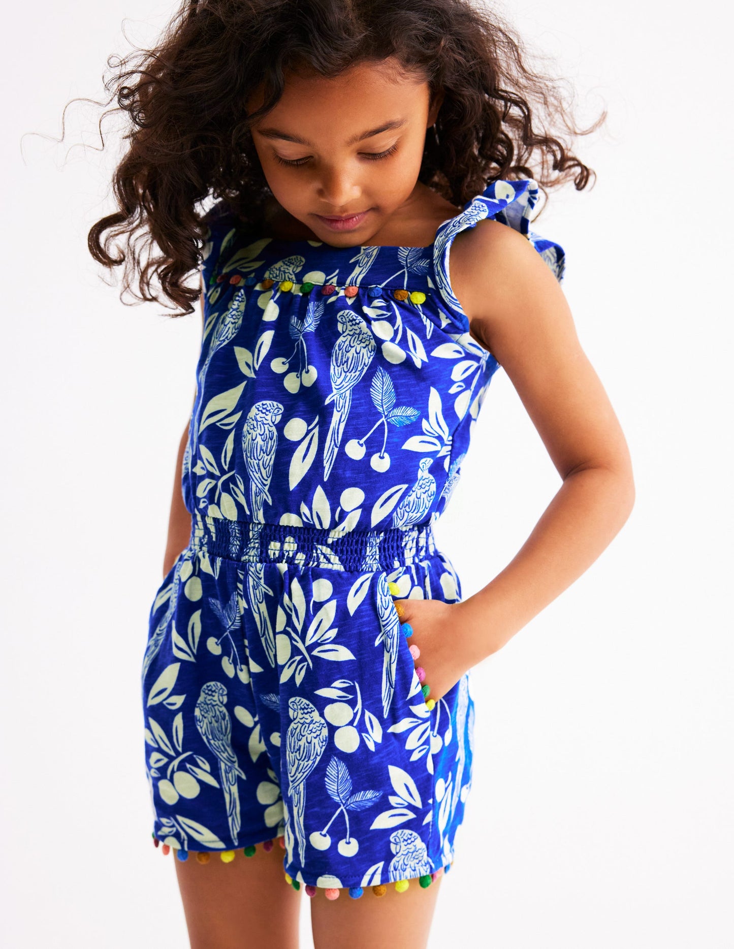 Ciara Jersey-Spielanzug mit Bommelbesatz-Leuchtendes Blau Papagei Palme