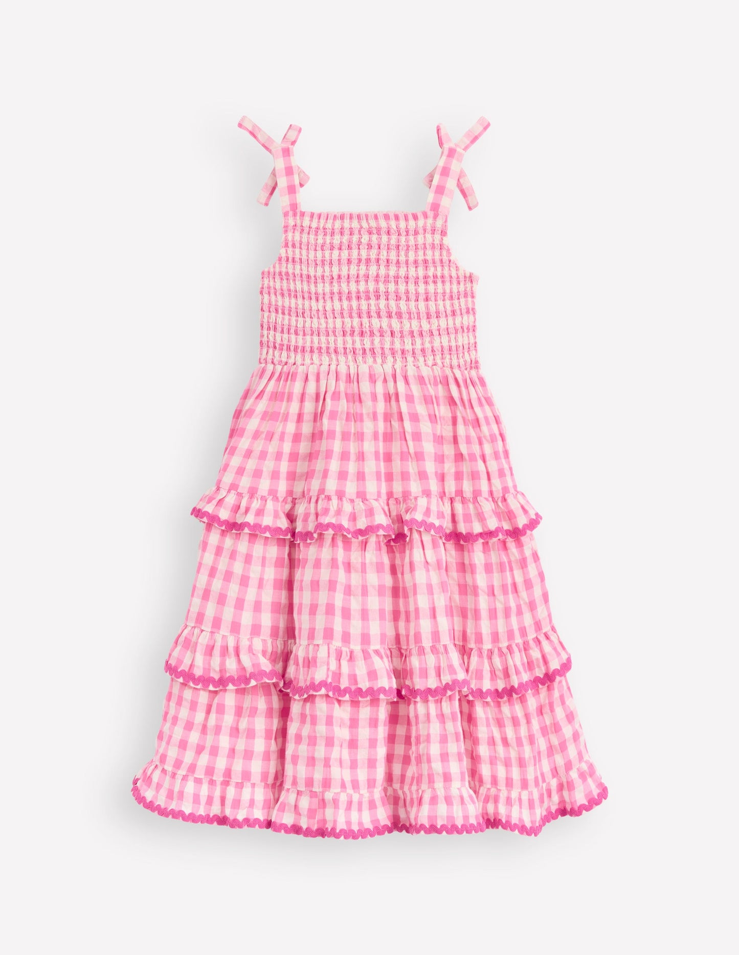 Odette Gewebtes Sommerkleid mit Stufendesign-Rosa Vichykaro Gänseblümchen