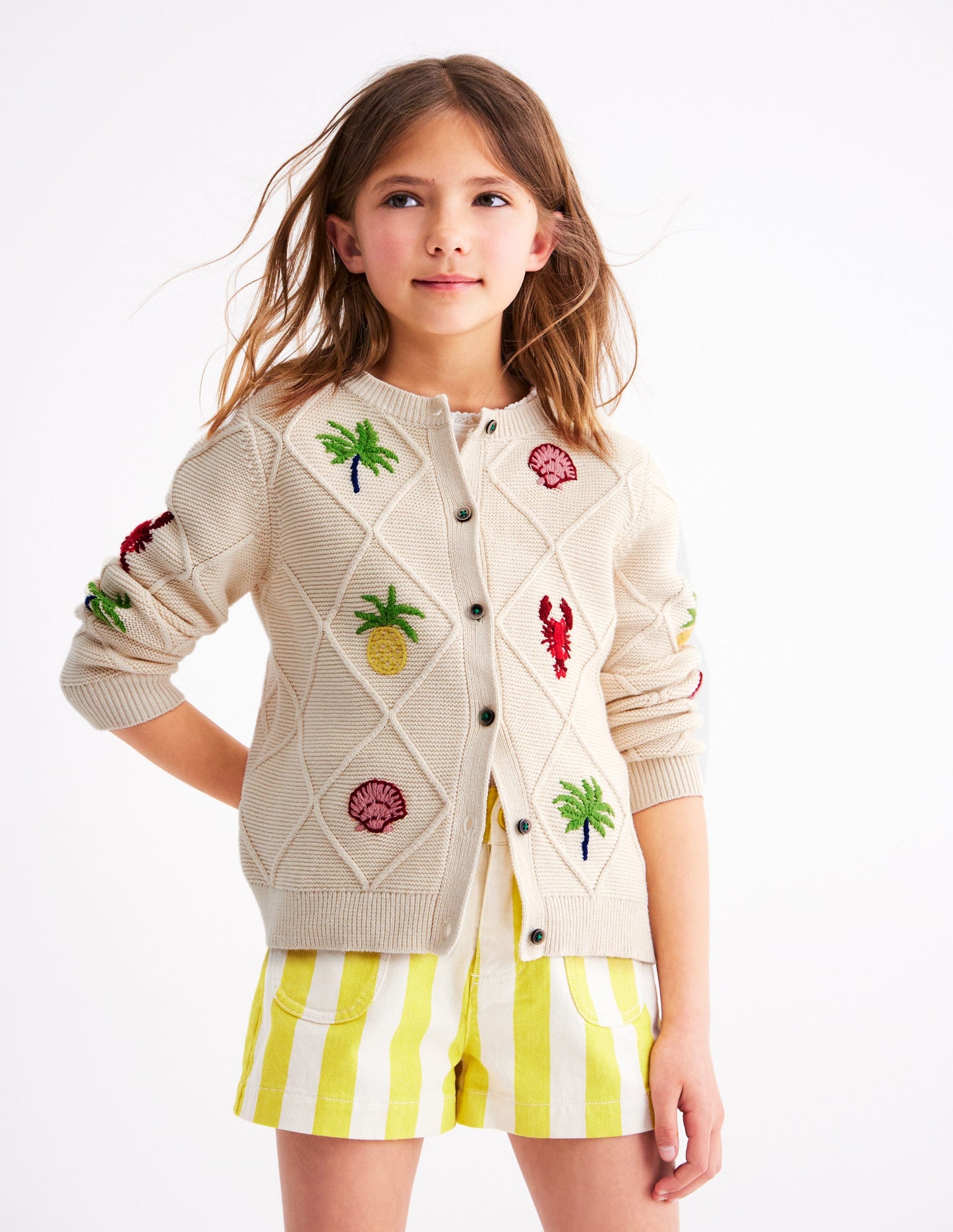 Bestickte Pointelle-Strickjacke-Beige Tropische Kacheln