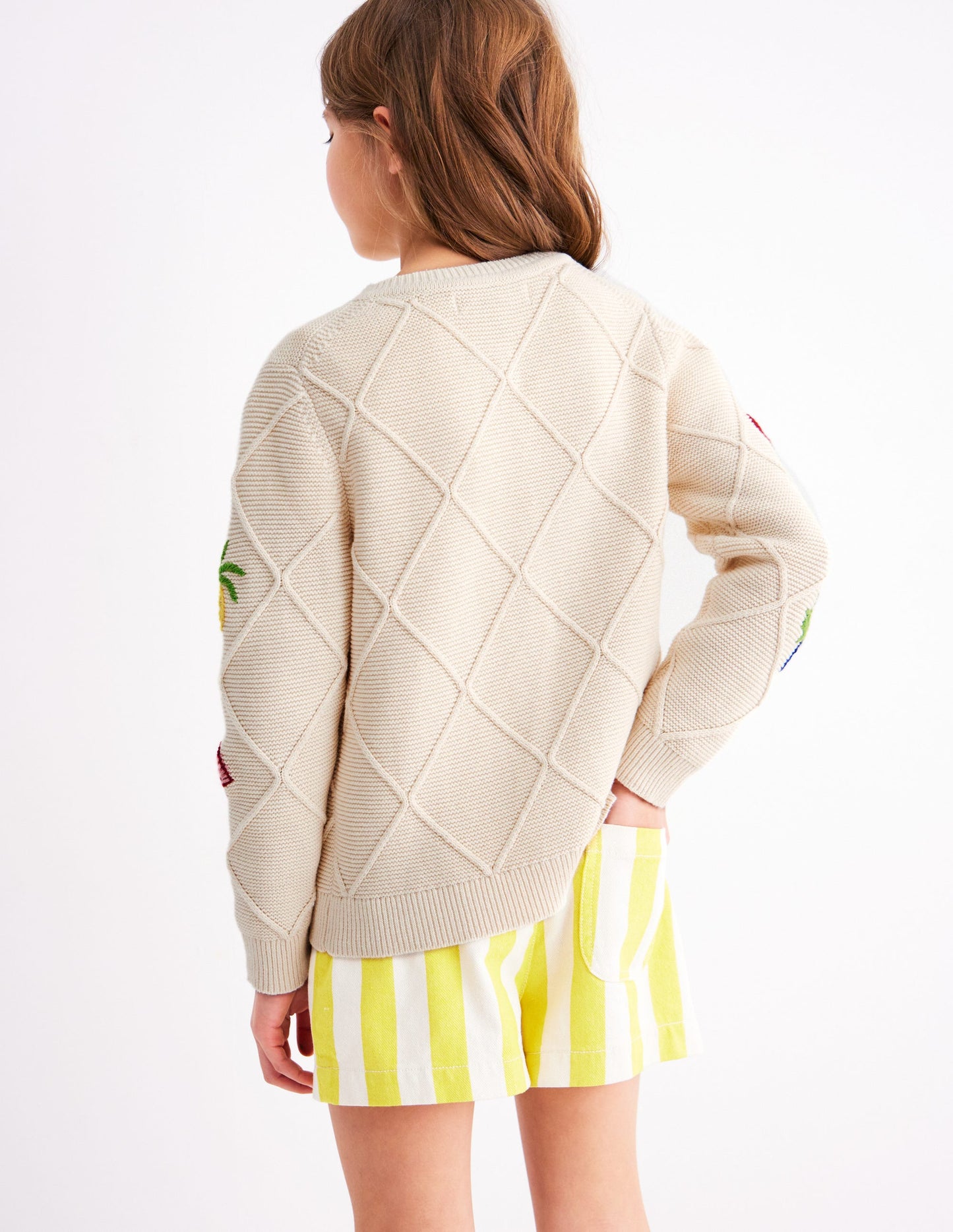 Bestickte Pointelle-Strickjacke-Beige Tropische Kacheln