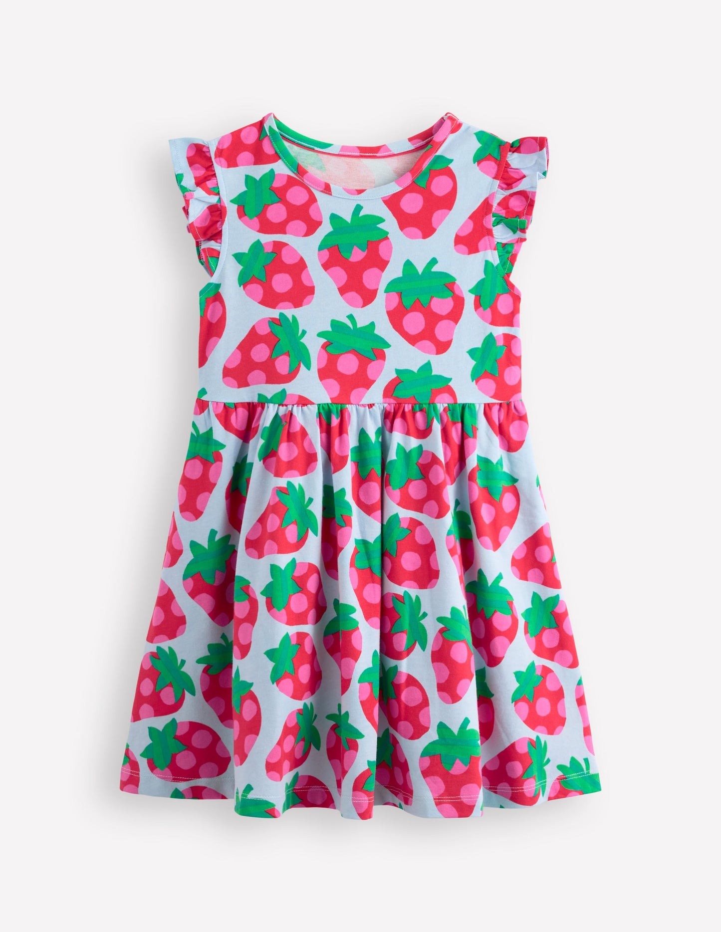 Robe Posie à manches volantées-Fraise à pois bleu brumeux