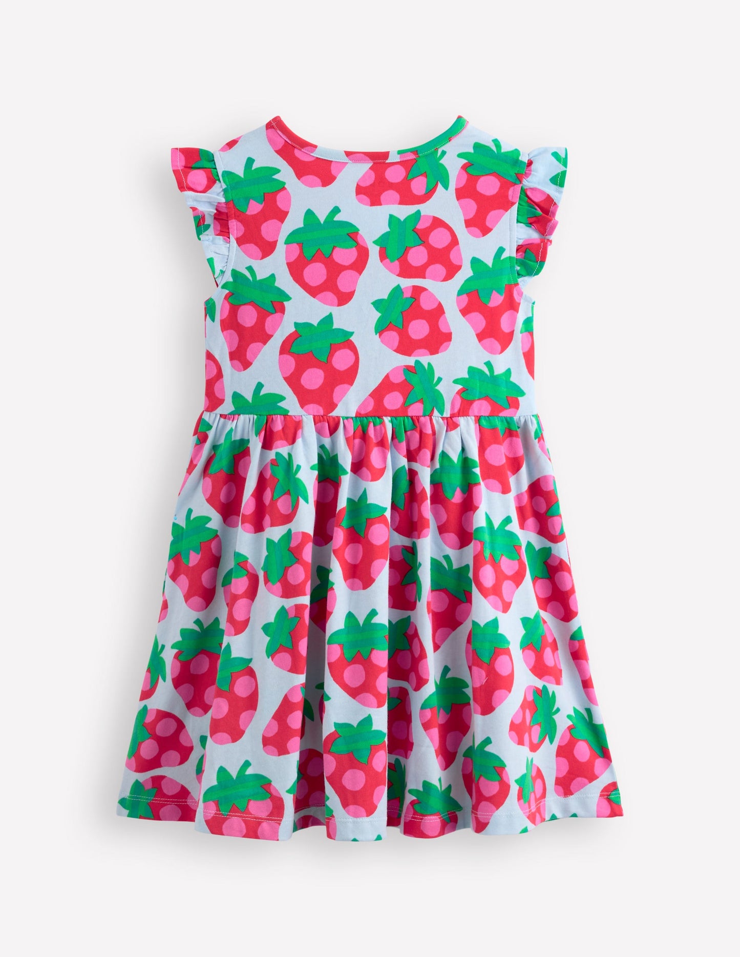 Robe Posie à manches volantées-Fraise à pois bleu brumeux