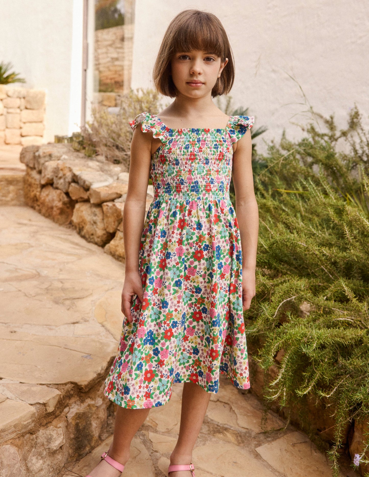 Willa Gerafftes Jerseykleid-Bunt Urlaub Blumenbeet