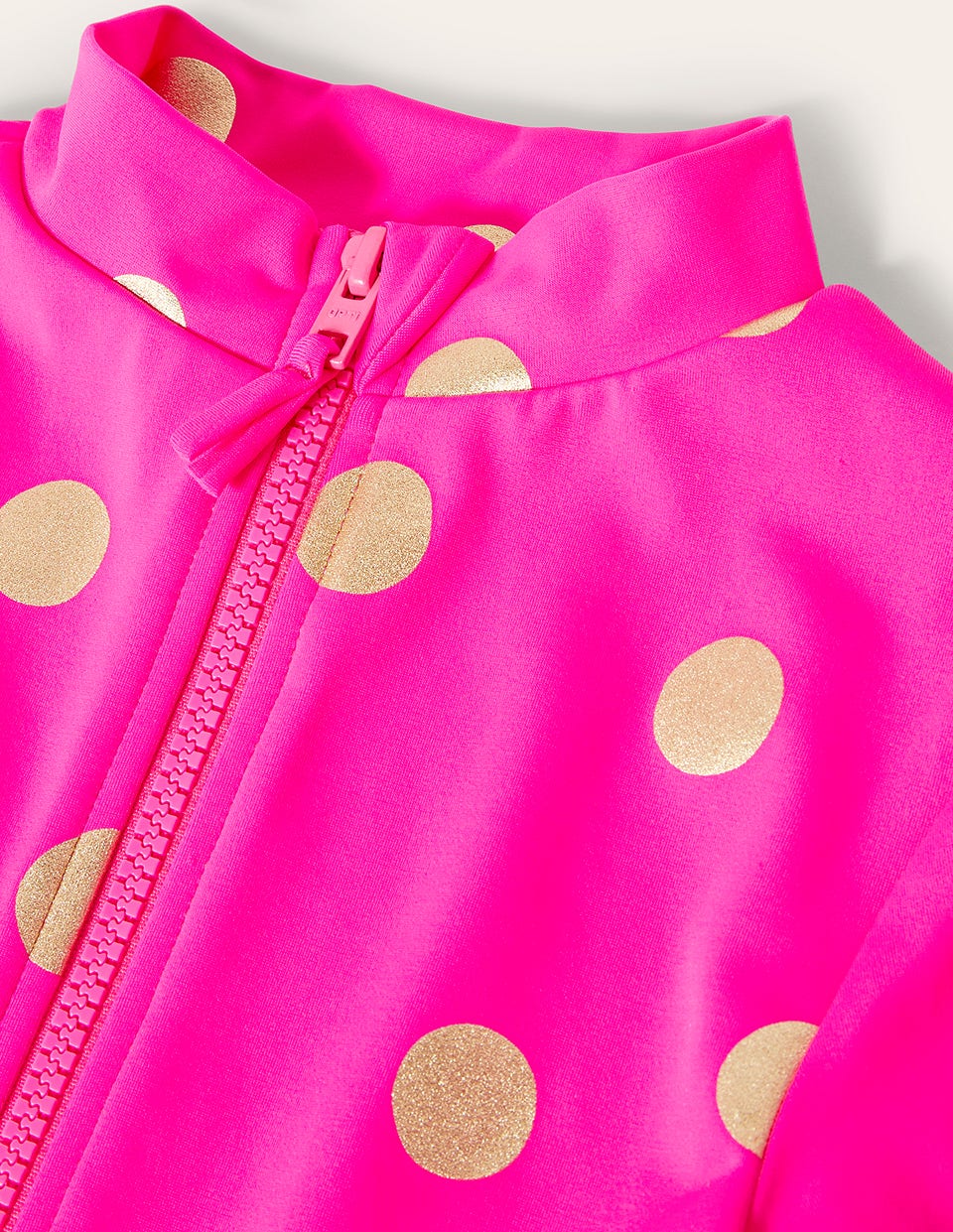Maillot de bain à manches longues-Rose fuchsia, pois dorés métallisés
