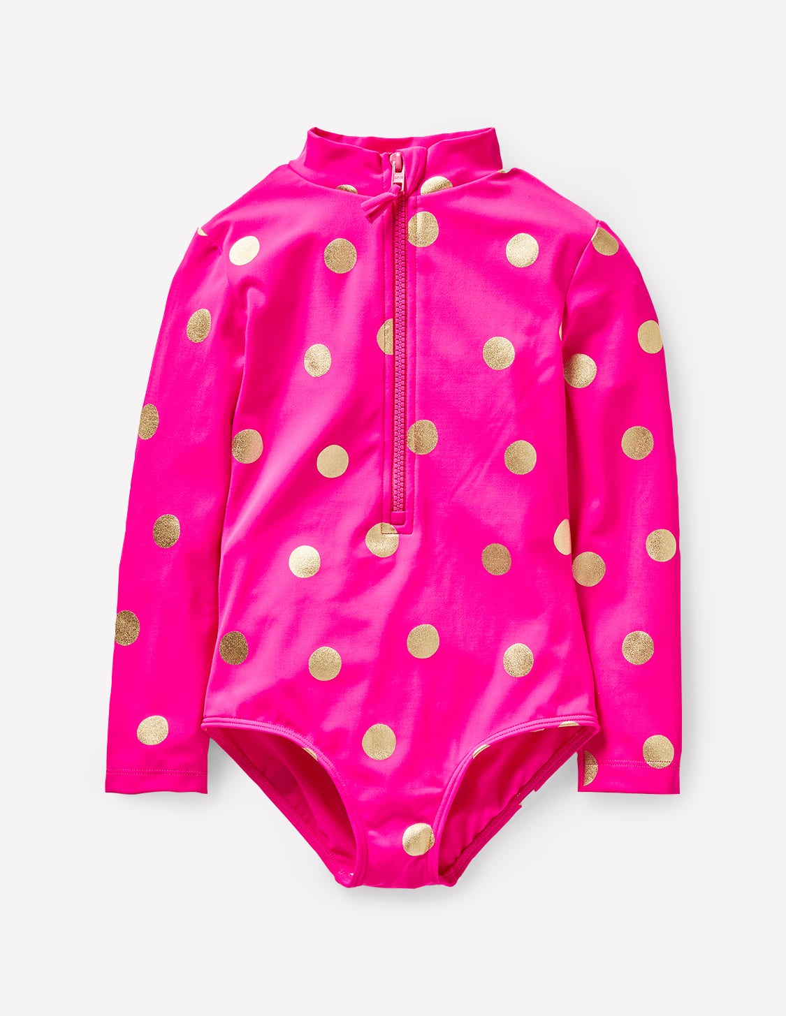 Maillot de bain à manches longues-Rose fuchsia, pois dorés métallisés