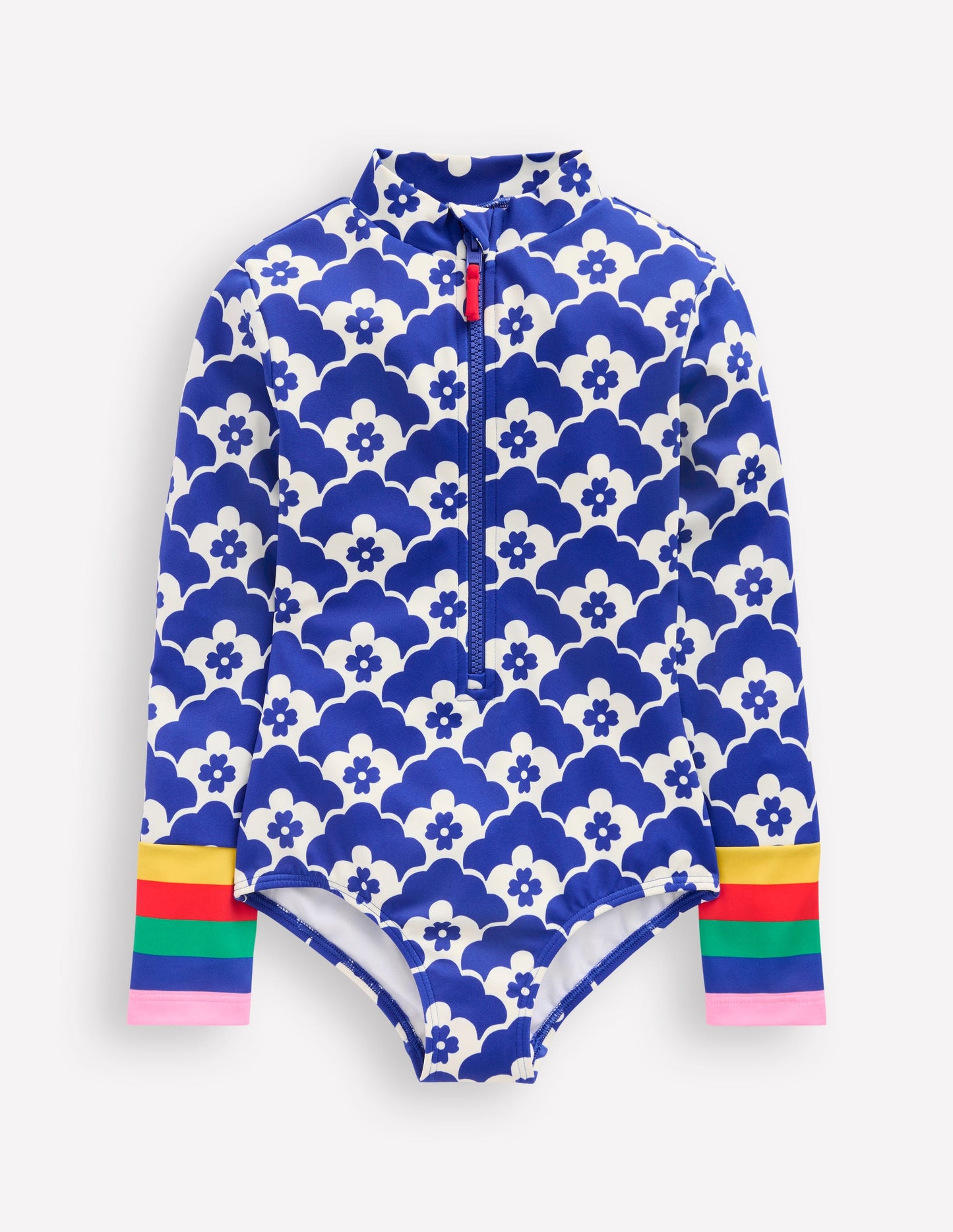 Badeanzug mit langen Ärmeln-Orionblau Blumen Geo