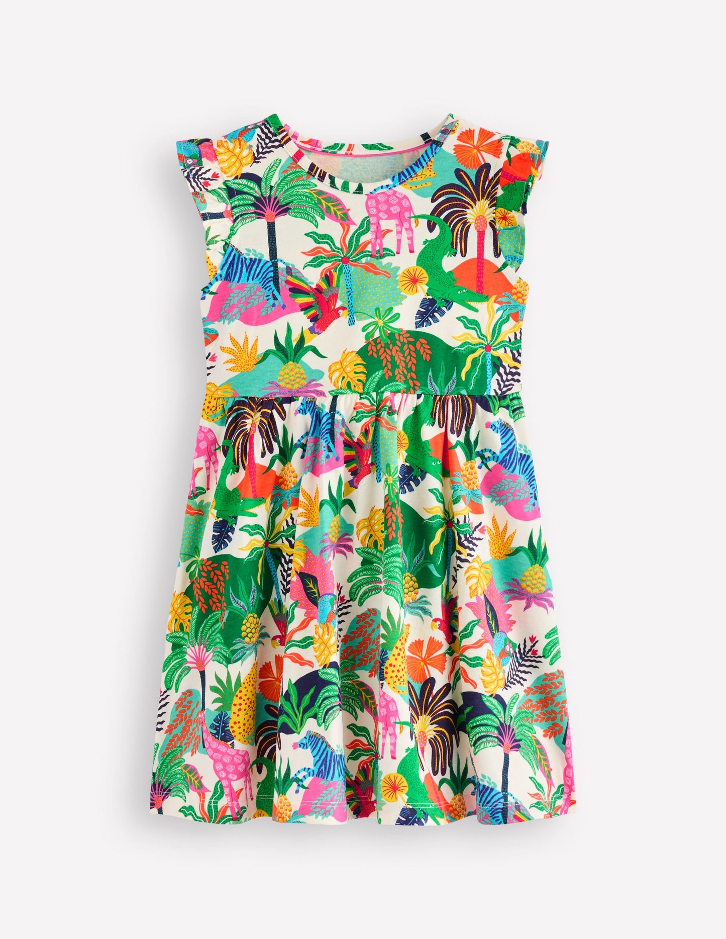 Posie Kleid mit Rüschenärmeln-Weiches Naturweiß Bunt Dschungel