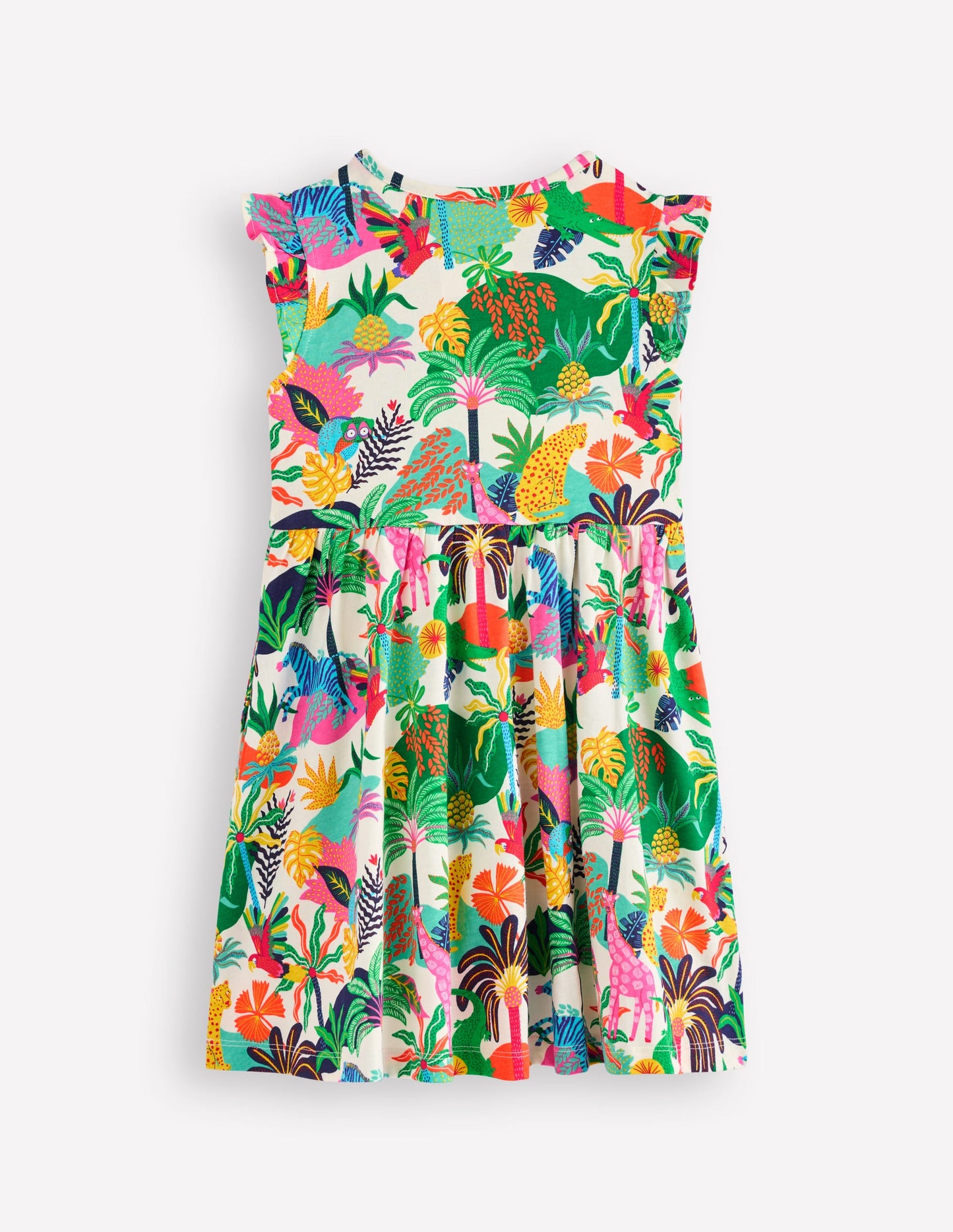 Posie Kleid mit Rüschenärmeln-Weiches Naturweiß Bunt Dschungel