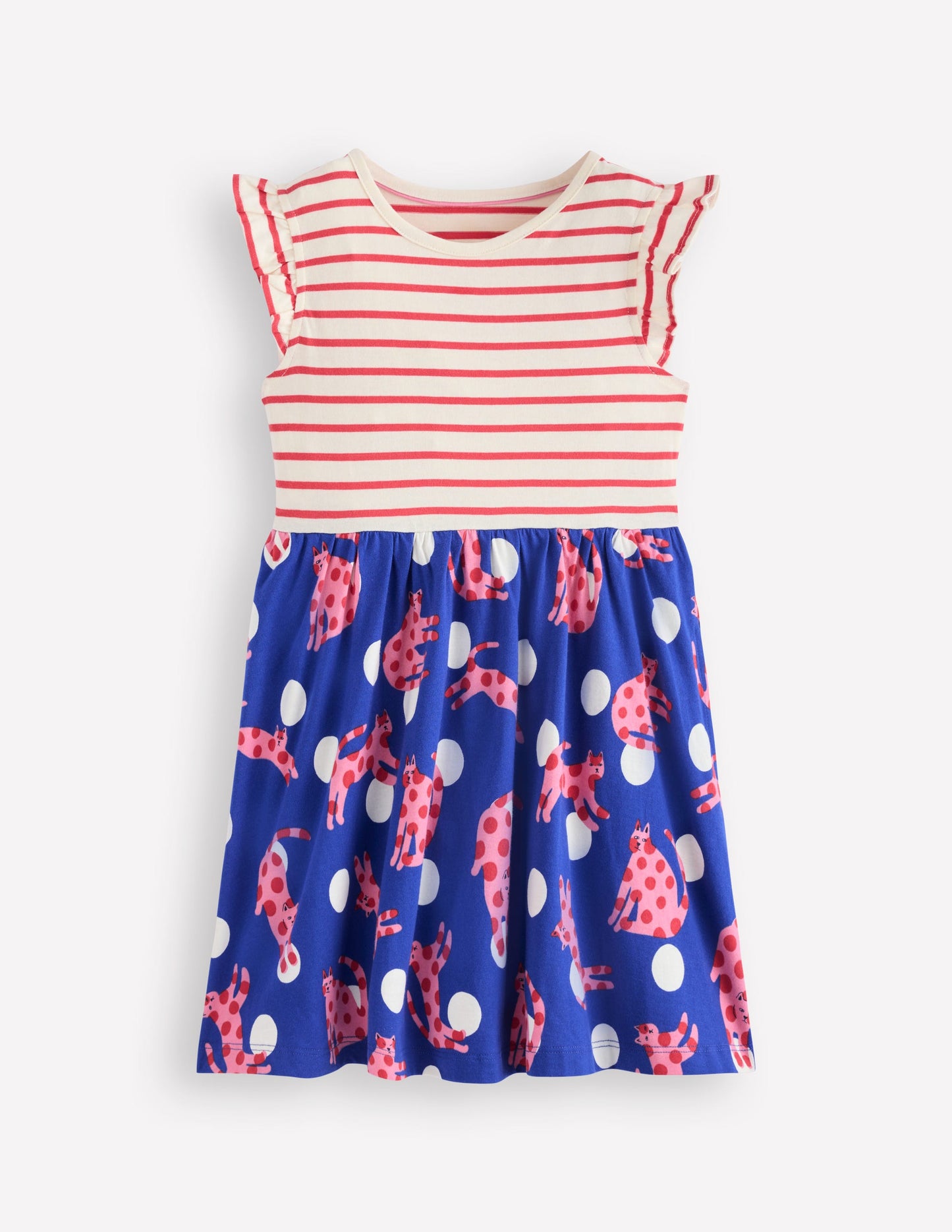 Posie Kleid mit Rüschenärmeln-Leuchtendes Blau Gepunktete Katzen