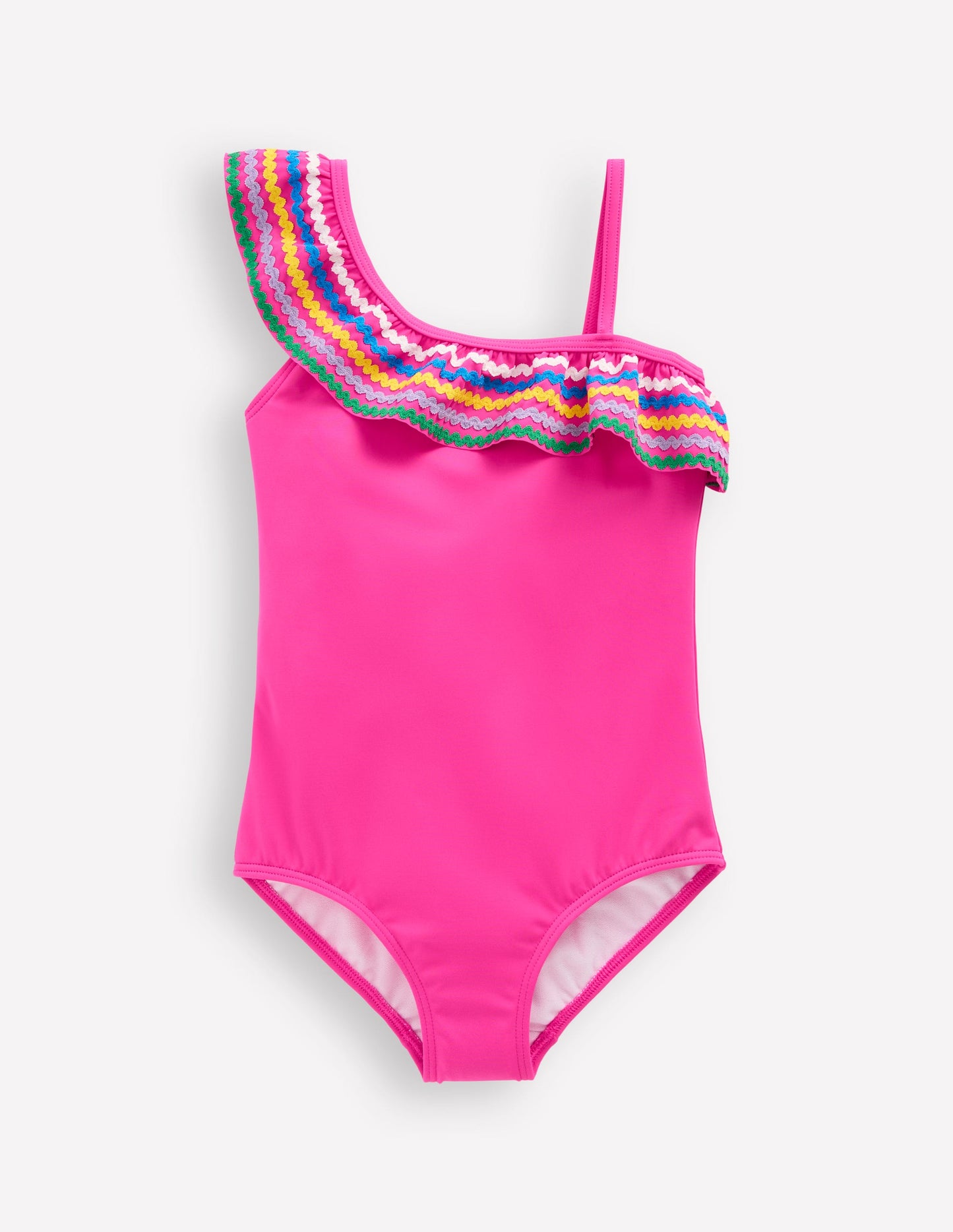 Lila Badeanzug mit einem Träger-Rosa Zackenlitze