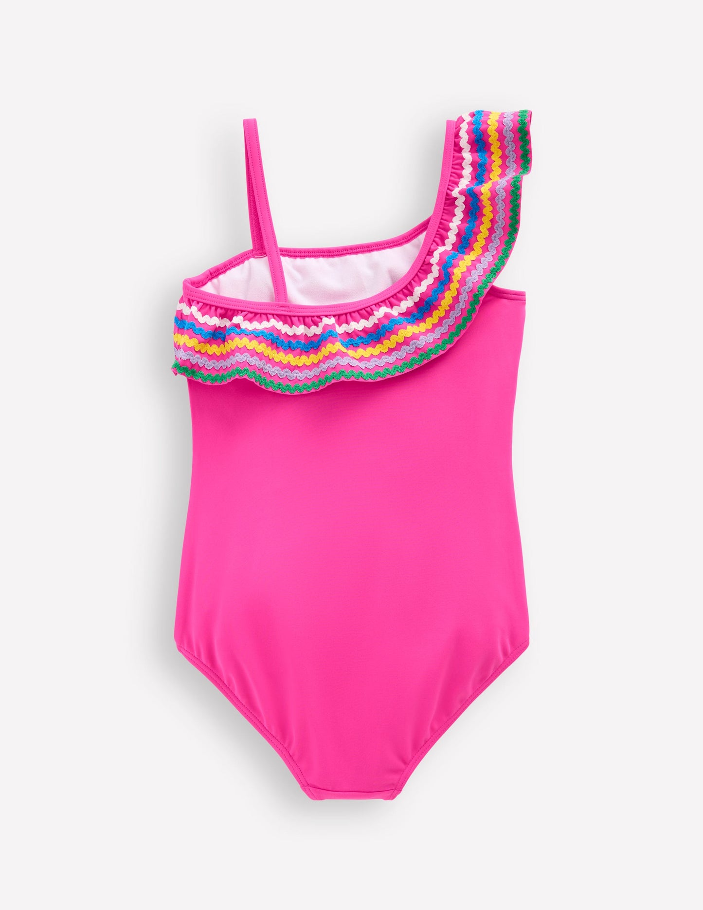 Lila Badeanzug mit einem Träger-Rosa Zackenlitze