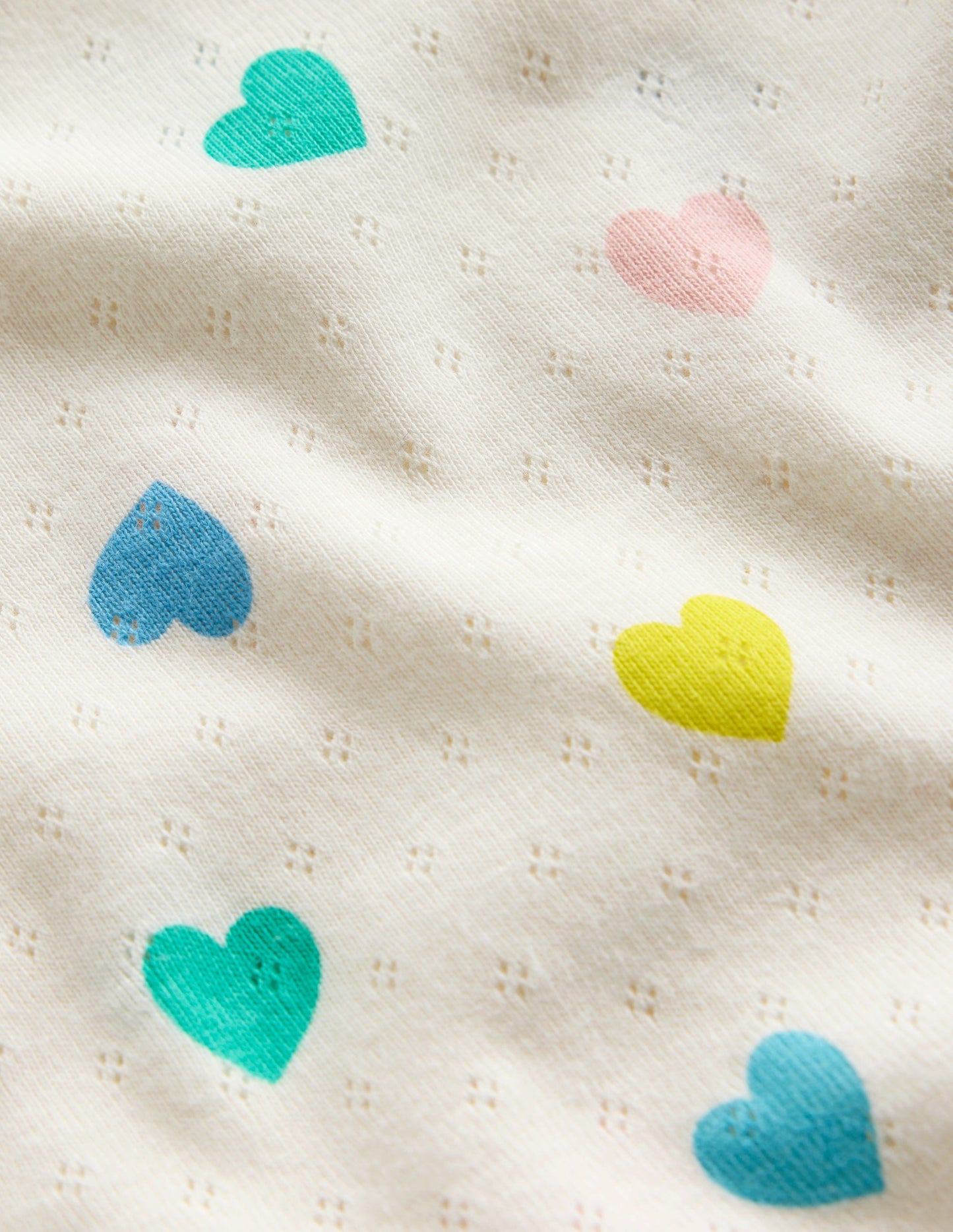 Kurzärmliges Pointelle-Oberteil-Sanftes Naturweiß Bunt Herzen