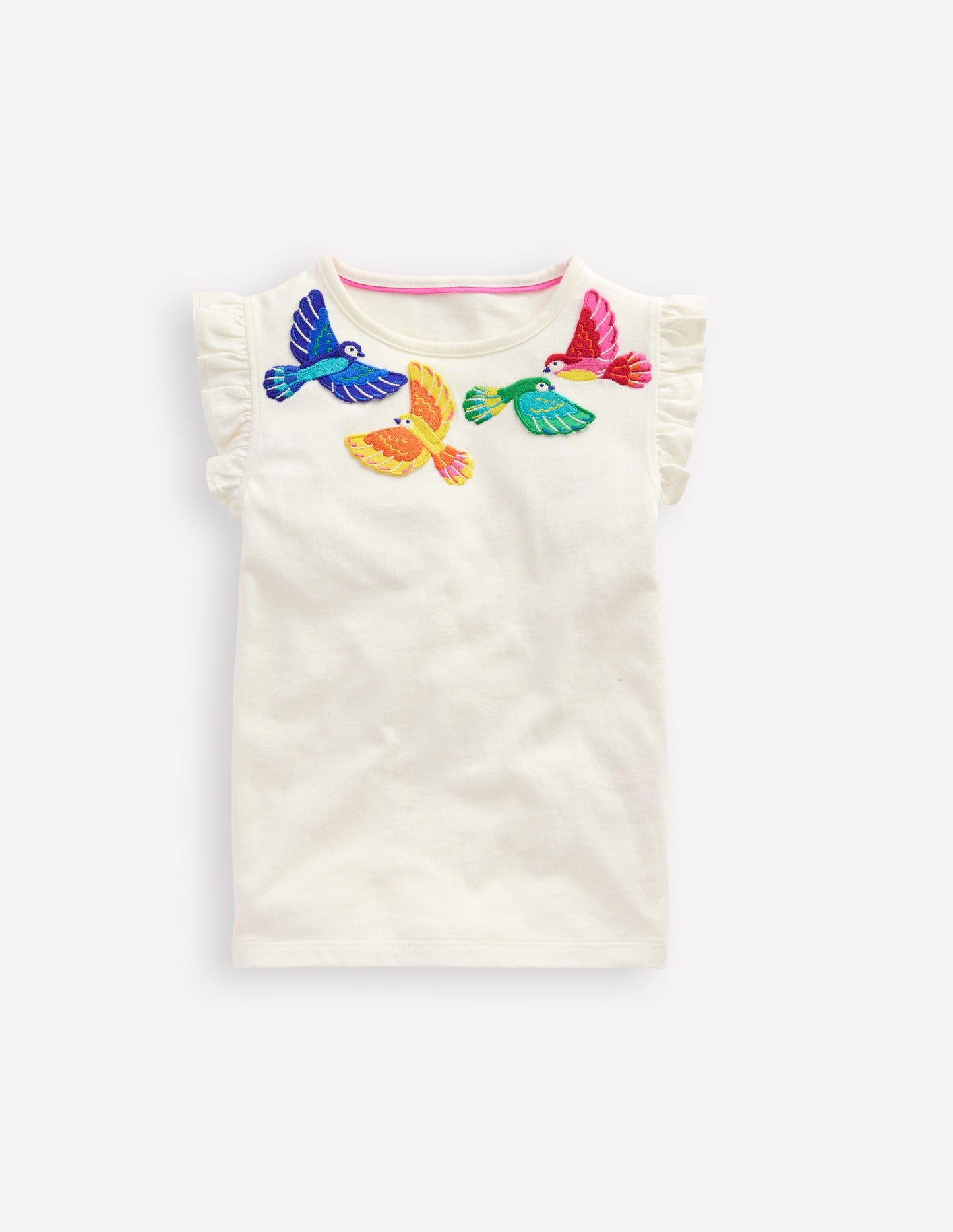 T-Shirt mit Flatterärmeln-Naturweiß mit Vögeln