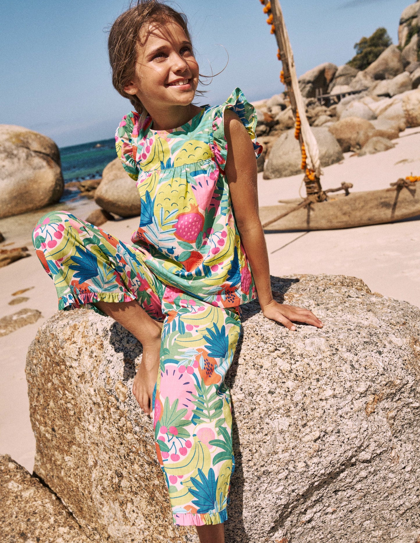 Gewebtes Oberteil mit Rüschenärmeln-Bunt, Tropische Früchte