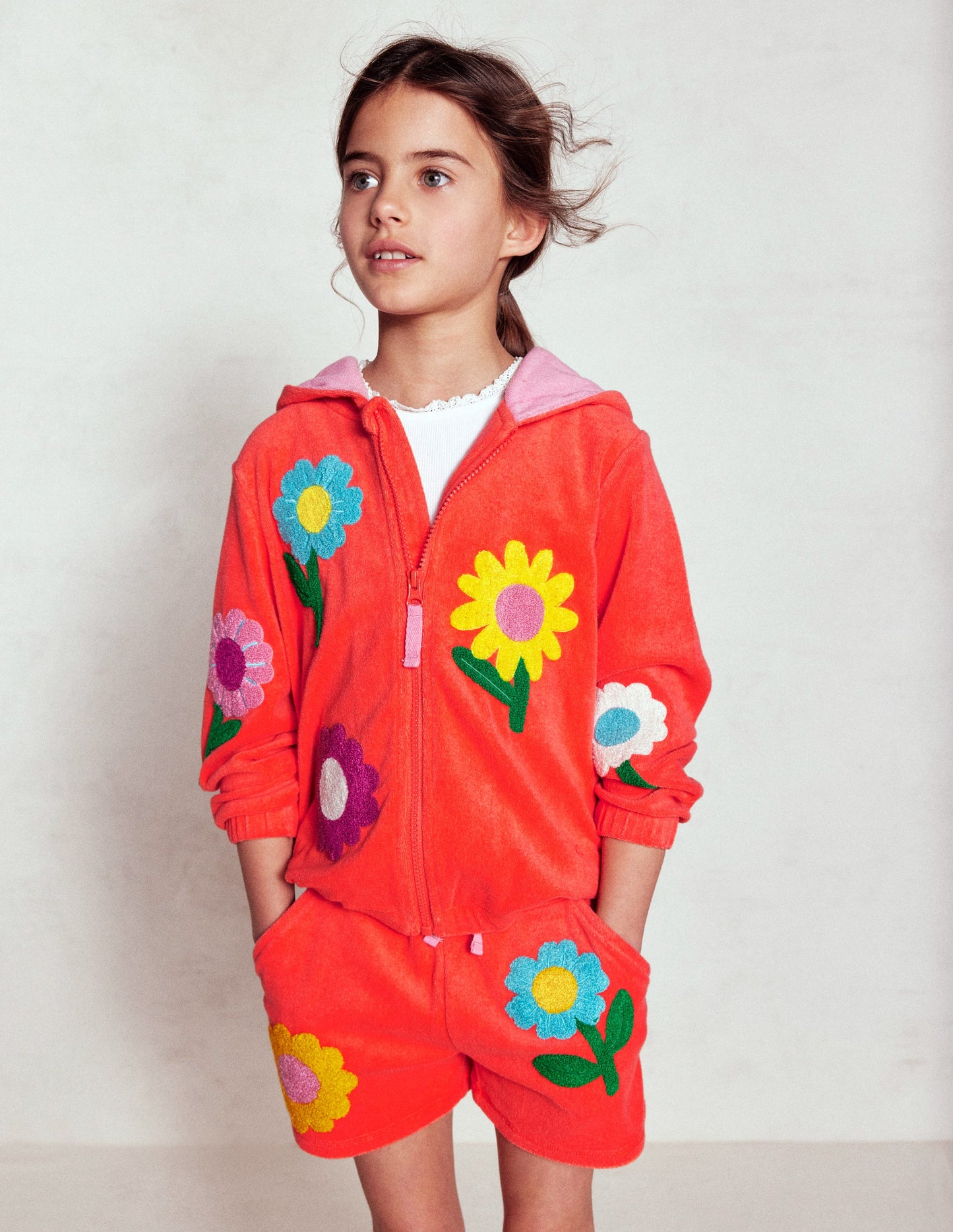 Zip-Through Towelling Hoodie-Coral Orange Flowers