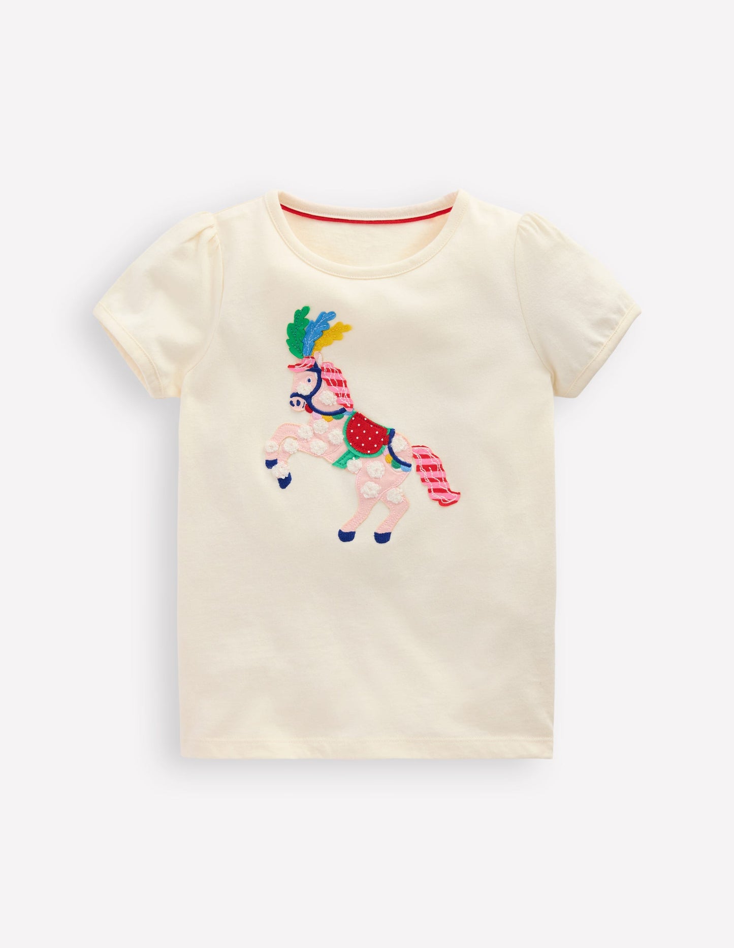 T-Shirt mit Puffärmeln und Applikation-Sanftes Naturweiß Pferd