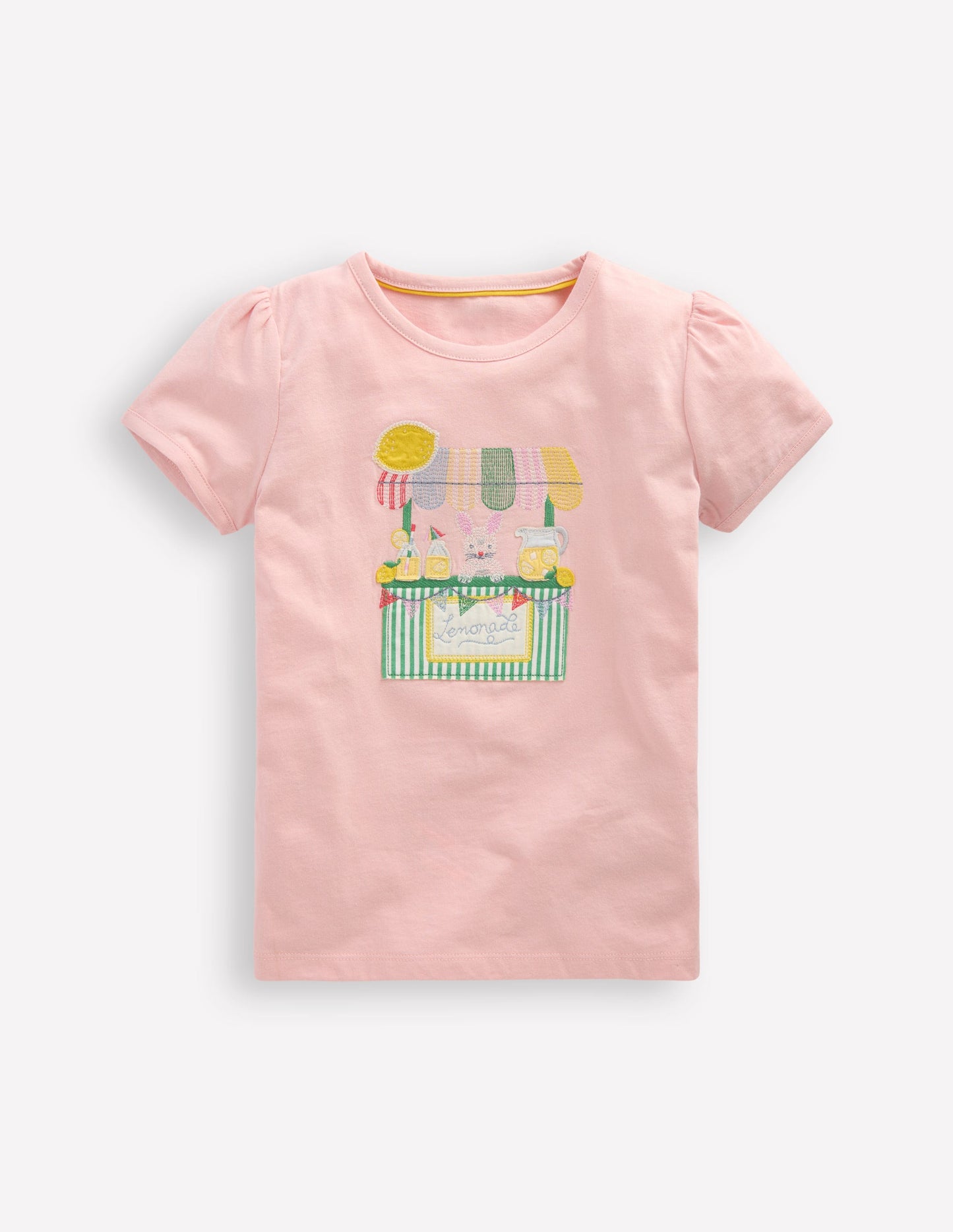 T-Shirt mit Puffärmeln und Applikation-Kreiderosa Limonade Hase